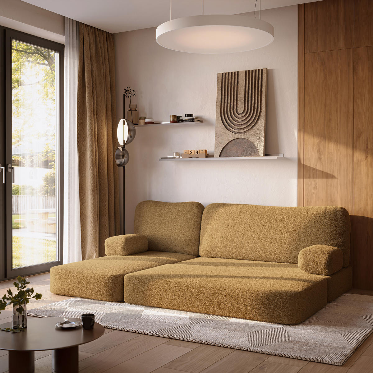 ECKSOFA SABI modulares Boneless Sofa mit Schlaffunktion Orange Boucle-Stoff - Gelb, Textil (200/120cm) - MASSENO
