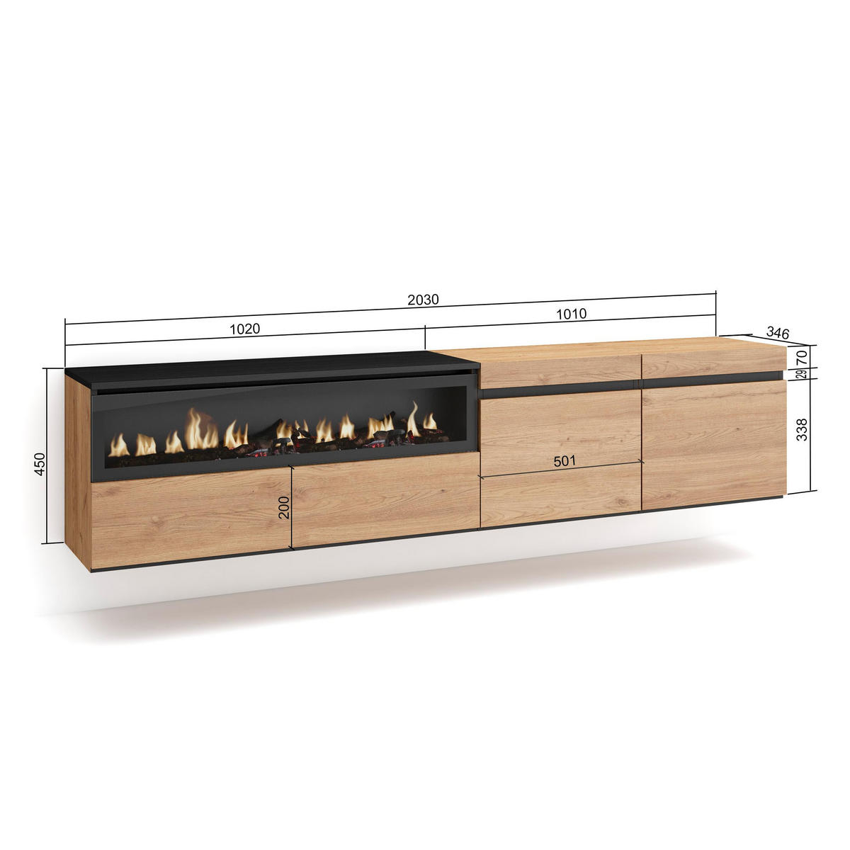LOWBOARD Elektrokamin, Hängend, eiche, schwarz, 200/35/45cm - Eichefarben, Holzwerkstoff (200/45/35cm) - Skraut Home