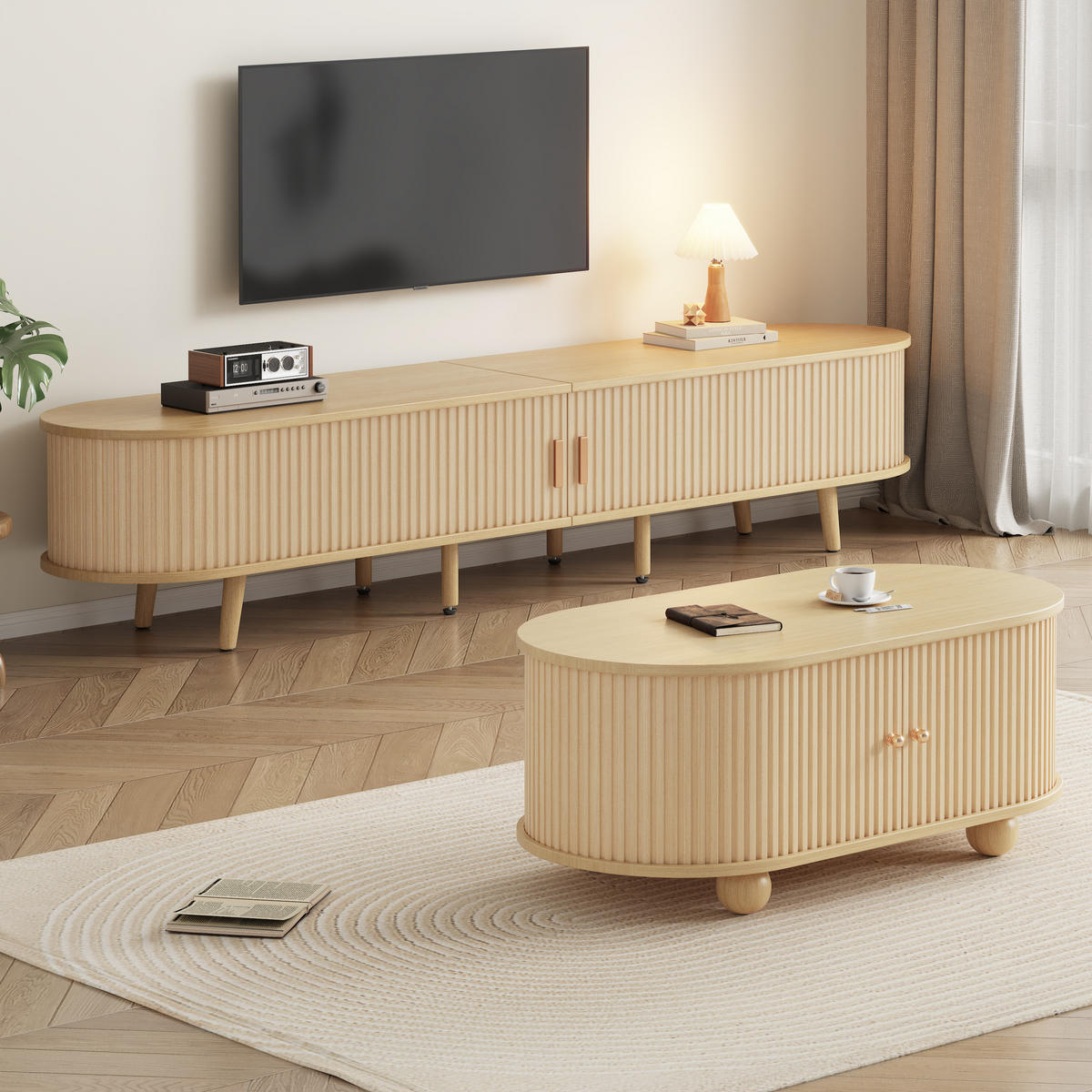 WOHNZIMMER-SET in Naturfarben mit Schubladen und Teleskoptüren für Wohnzimmer, B175/T40/H42 cm - Naturfarben, Holz/Holzwerkstoff (175/42/40cm) - STILVORA