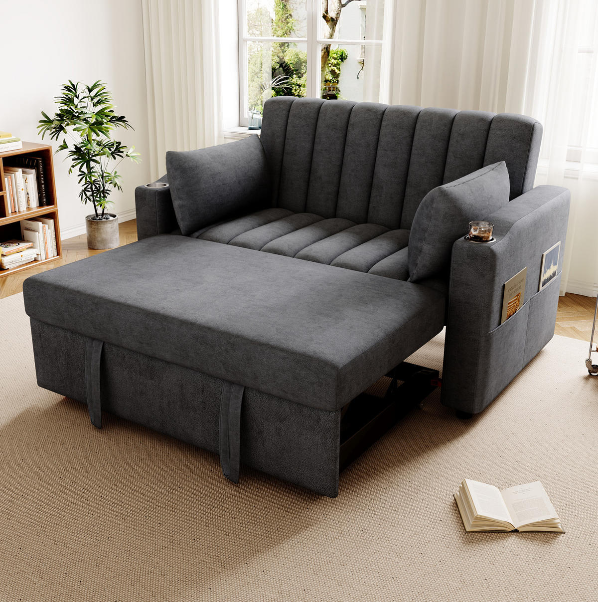 SCHLAFSOFA 2-Sitzer Baumwollstoff mit 3-fach verstellbarer Rückenlehne und Getränkehalter Grau 136/162/84 cm - Grau, Textil (84/136/162cm) - Redom