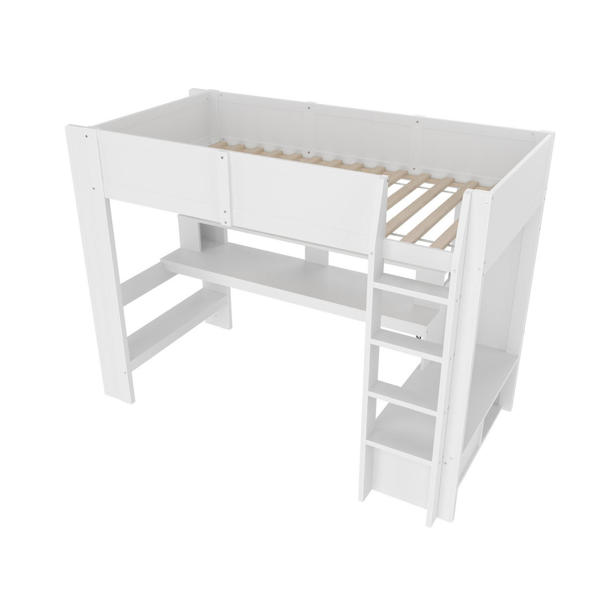 HOCHBETT 90/200 cm weiß aus Kiefernholz mit Schreibtisch, LED und Stauraum - Weiß, Holzwerkstoff (90/200cm) - OKWISH