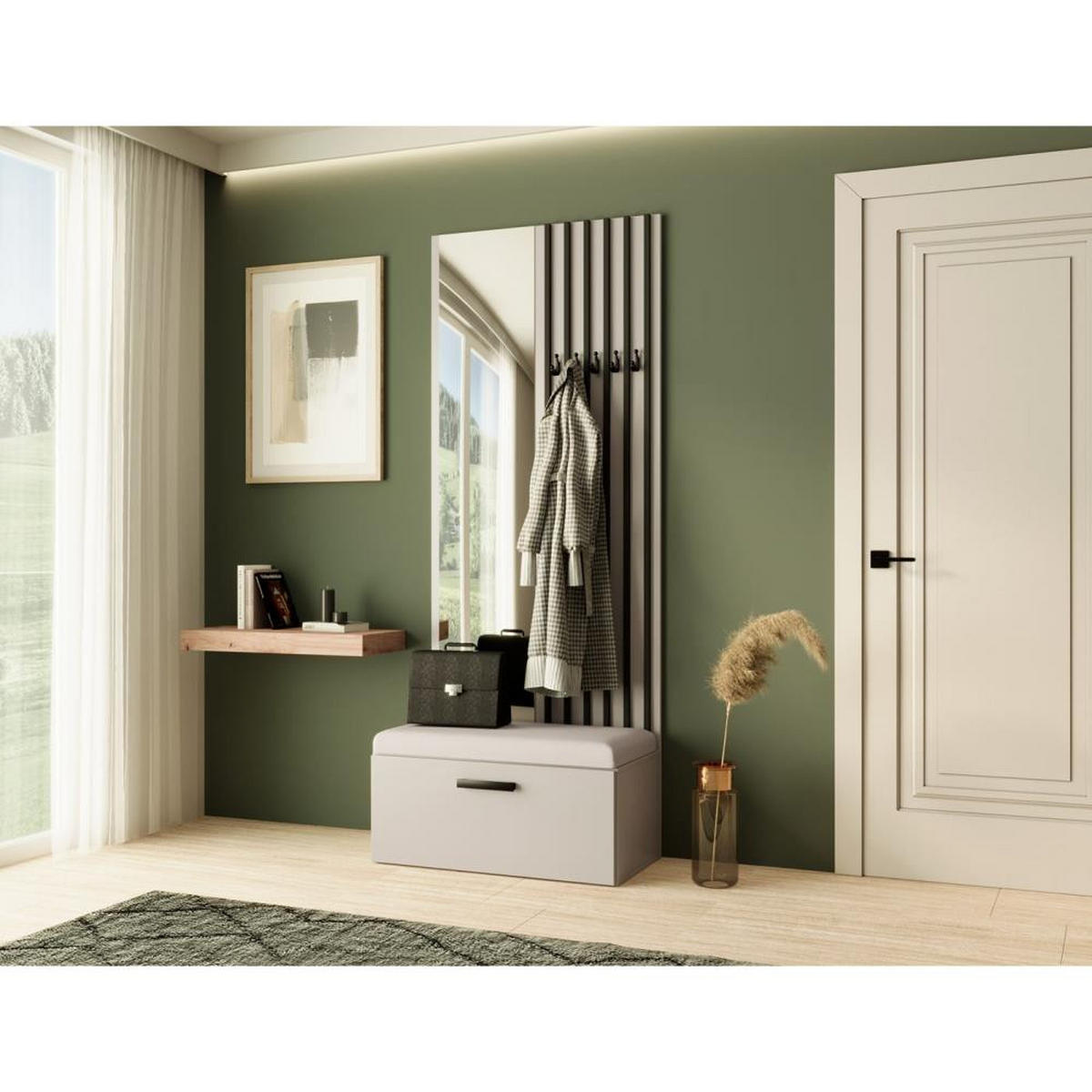GARDEROBE Margaret II 81/203/43 mit Lamellen und Spiegel - Kaschmir/Schwarz, Holzwerkstoff/Kunststoff (81/203/43cm) - Beautysofa