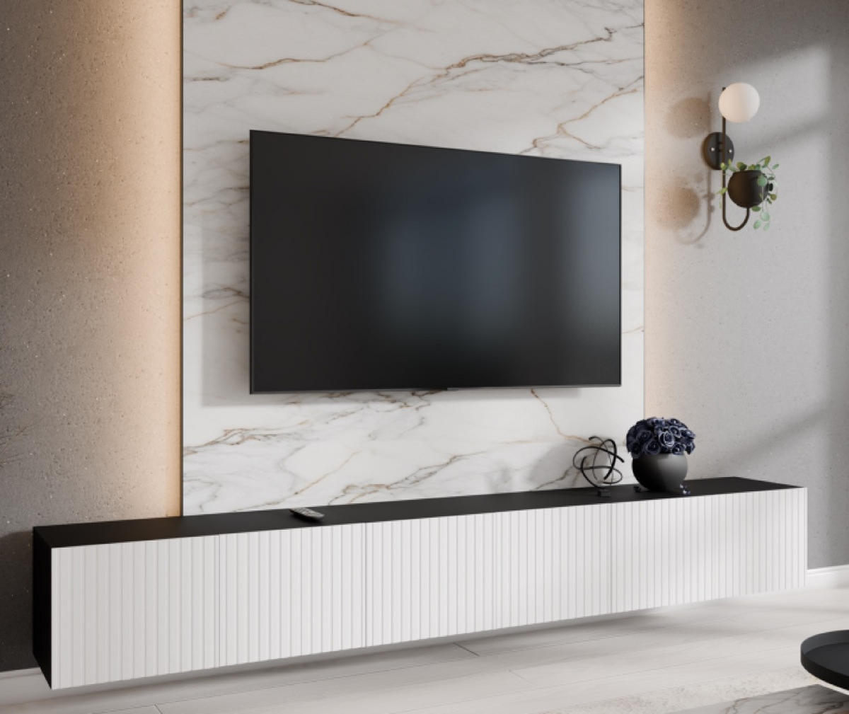 TV-SCHRANK Schwarz Weiß RIO Geschlossen Gerillt 300 cm - Weiß, Holzwerkstoff (300/41/40cm) - Sepro Meble
