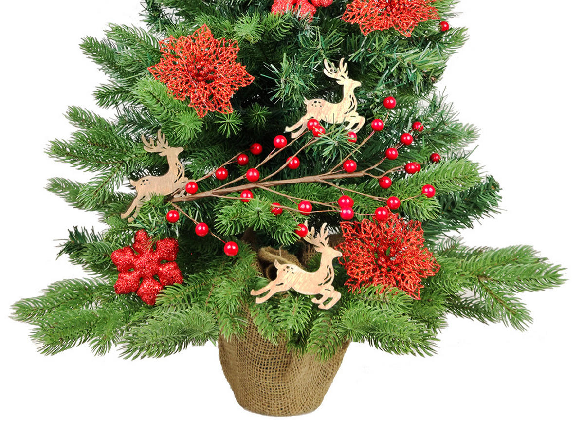 WEIHNACHTSBAUM künstlicher 60 cm mit LED-Beleuchtung, RENTIERKALB, mit 27 Weihnachtsbaumschmuck, Pflanztopf mit Jutesack - Rot/Braun, Kunststoff/Stein (40/60cm) - LAALU