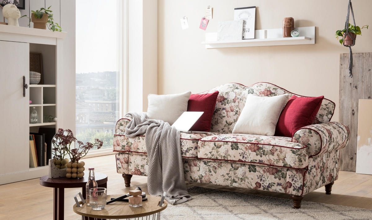 SOFA 3-SITZER creme Landhaus, Blumen Design, Couch 200 cm - Rot/Multicolor, Holz/Textil (200/96/90cm) - Furn.Design