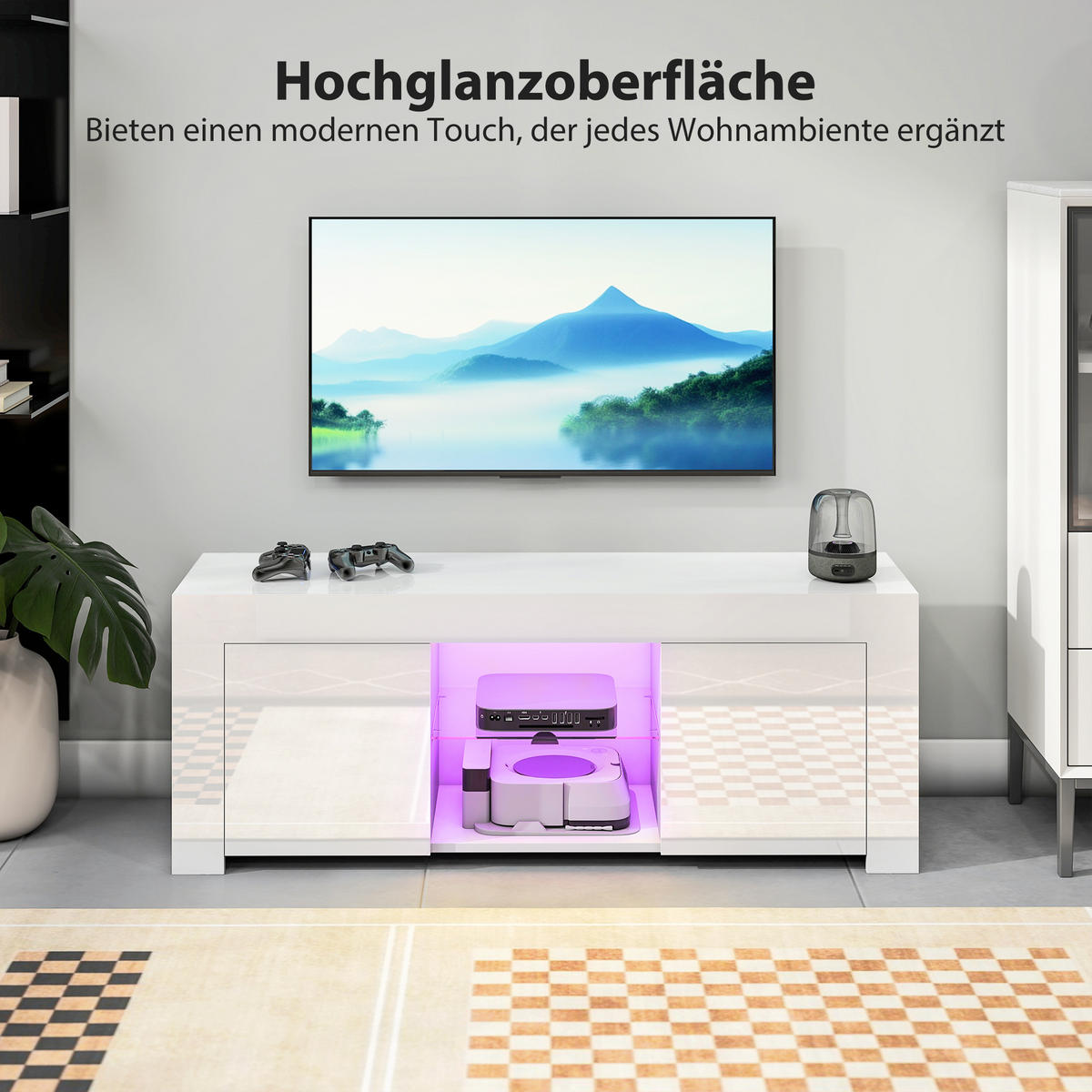 TV-SCHRANK mit LED-Beleuchtung, 2 Schranktüren, Glasregal, Kabellöcher Weiß - Weiß Hochglanz/Weiß, Glas/Holzwerkstoff (34/45/120cm) - HOMCOM