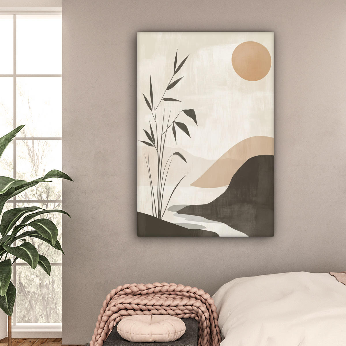 LEINWANDBILD Japandi - Landschaft - Beige Deko XXL 80x120 cm - Cognac, Textil (80/120cm) - MuchoWow