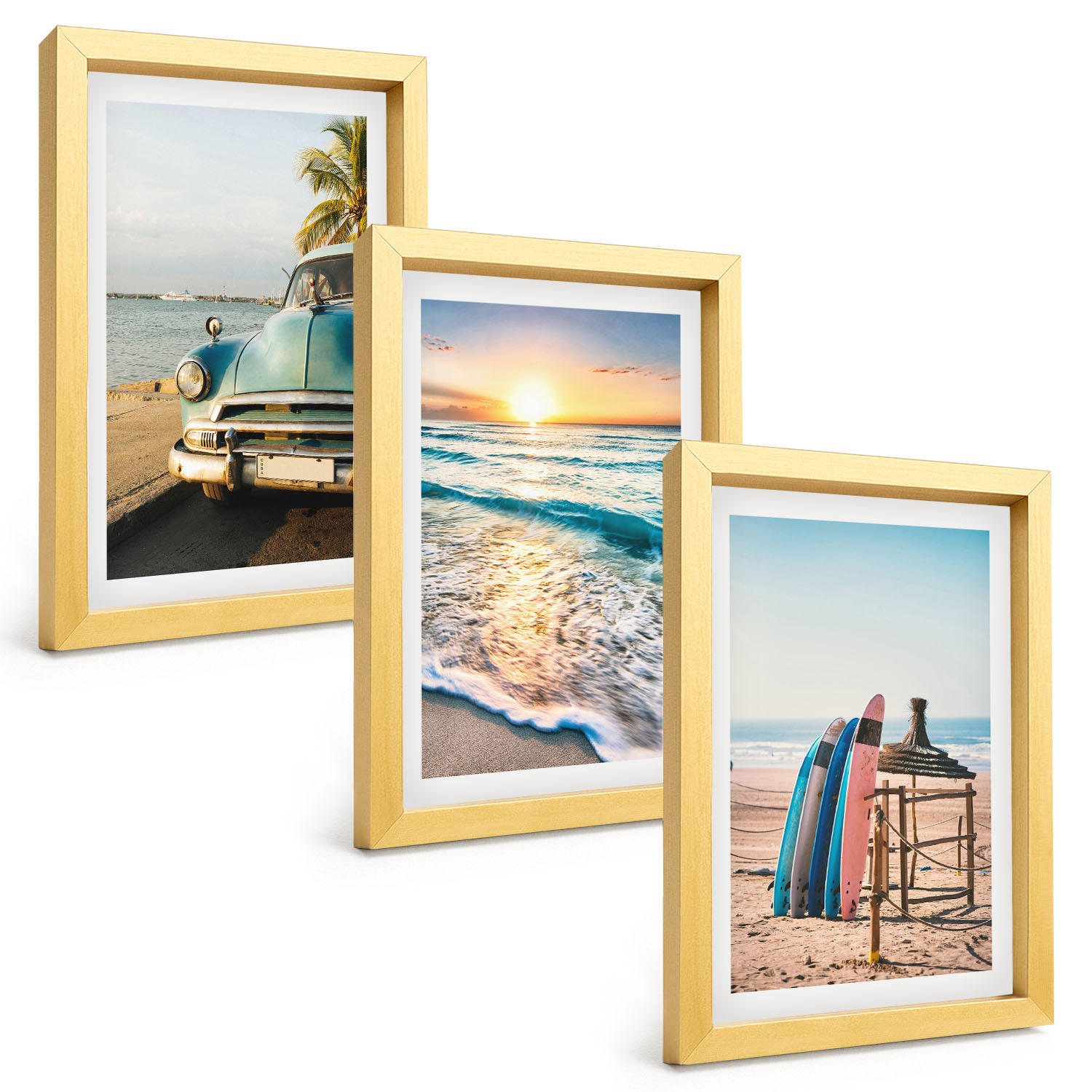 BILDER SET 3er Set - 20x30 cm Goldrahmen - Sonnenuntergangsurlaub in Miami - Goldfarben, Kunststoff (20/30cm) - TULUP