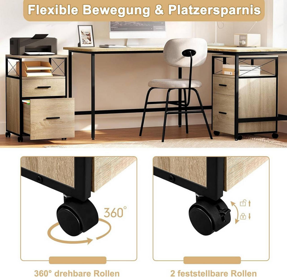 ROLLCONTAINER mit 2 Schubladen, Helle Eiche - Eichefarben/Schwarz, Holzwerkstoff/Metall (40/69/40cm) - Woltu