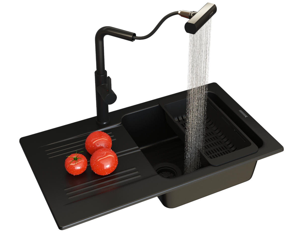 KÜCHENSPÜLE Ada mit Batterie Siphon - Schwarz, Kunststoff/Stein (77/45/16cm) - Granitan