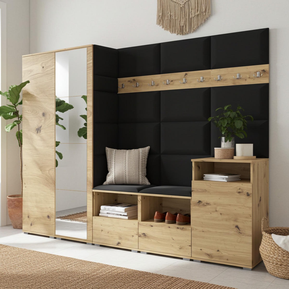 GARDEROBE NELA VIII 250 cm (Modulare Flurmöbel Artisan Eiche mit Spiegel & Sitzpolster Schwarz 16 Set XL) - Silberfarben/Schwarz, Holz/Holzwerkstoff (250/187/40cm) - Ravio