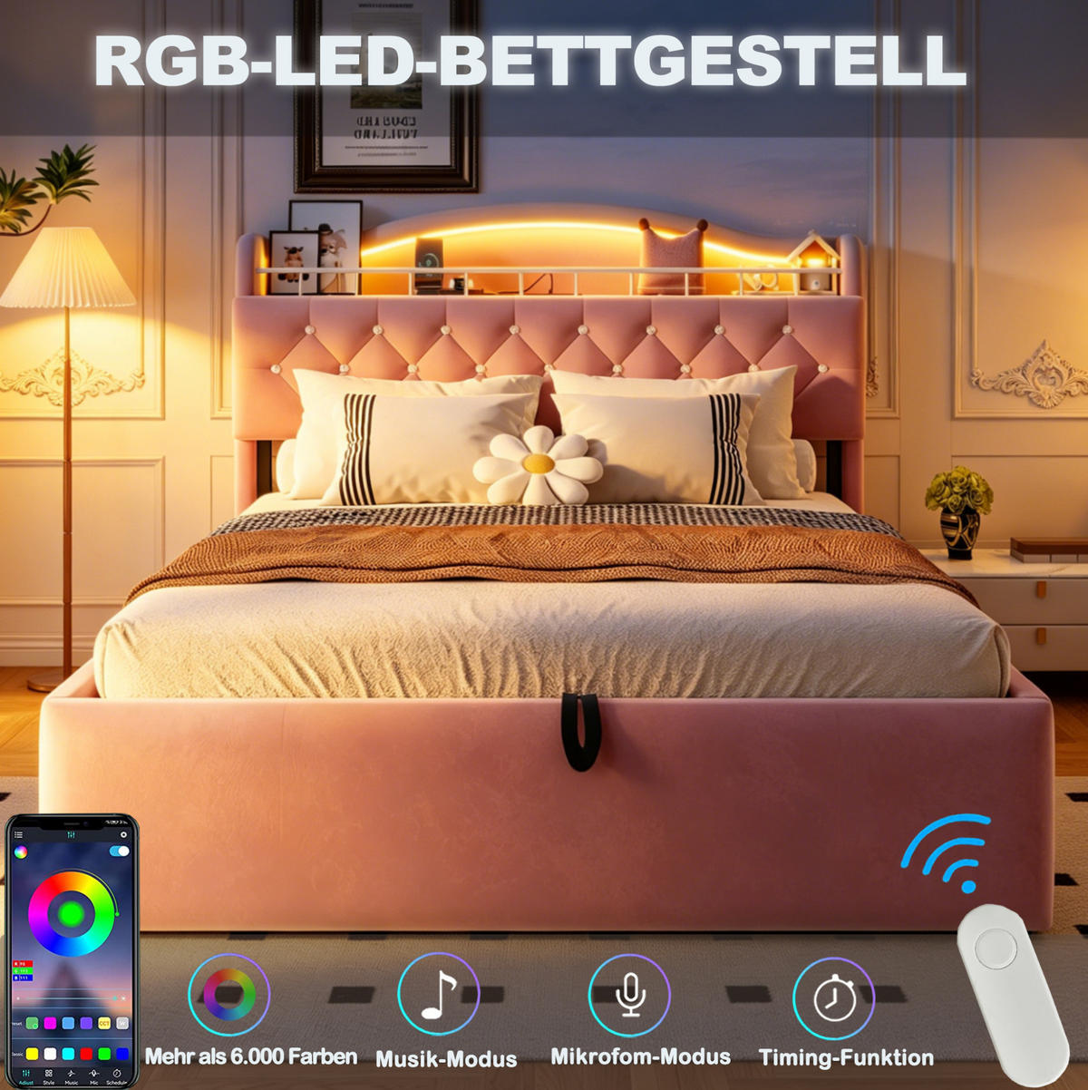 POLSTERBETT 140/200 cm aus Samt und Metall mit Stauraum Rosa - Pink, Textil (140/200cm) - OKMYHOME