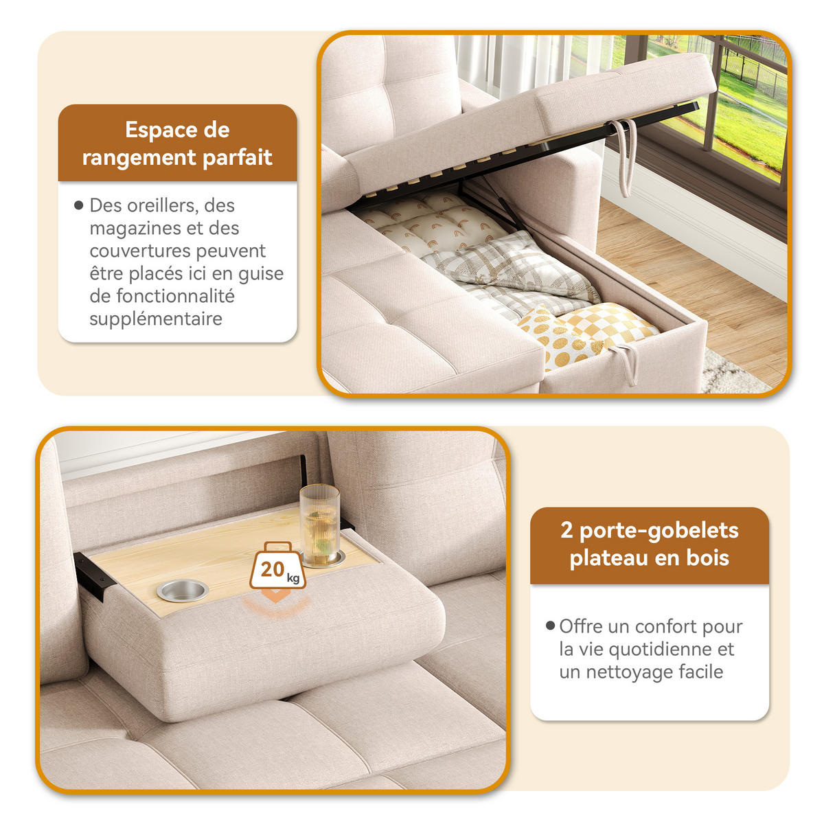 SCHLAFSOFA L-Form mit Stauraum und Getränkehalter - Beige, Textil (211/87/136cm)