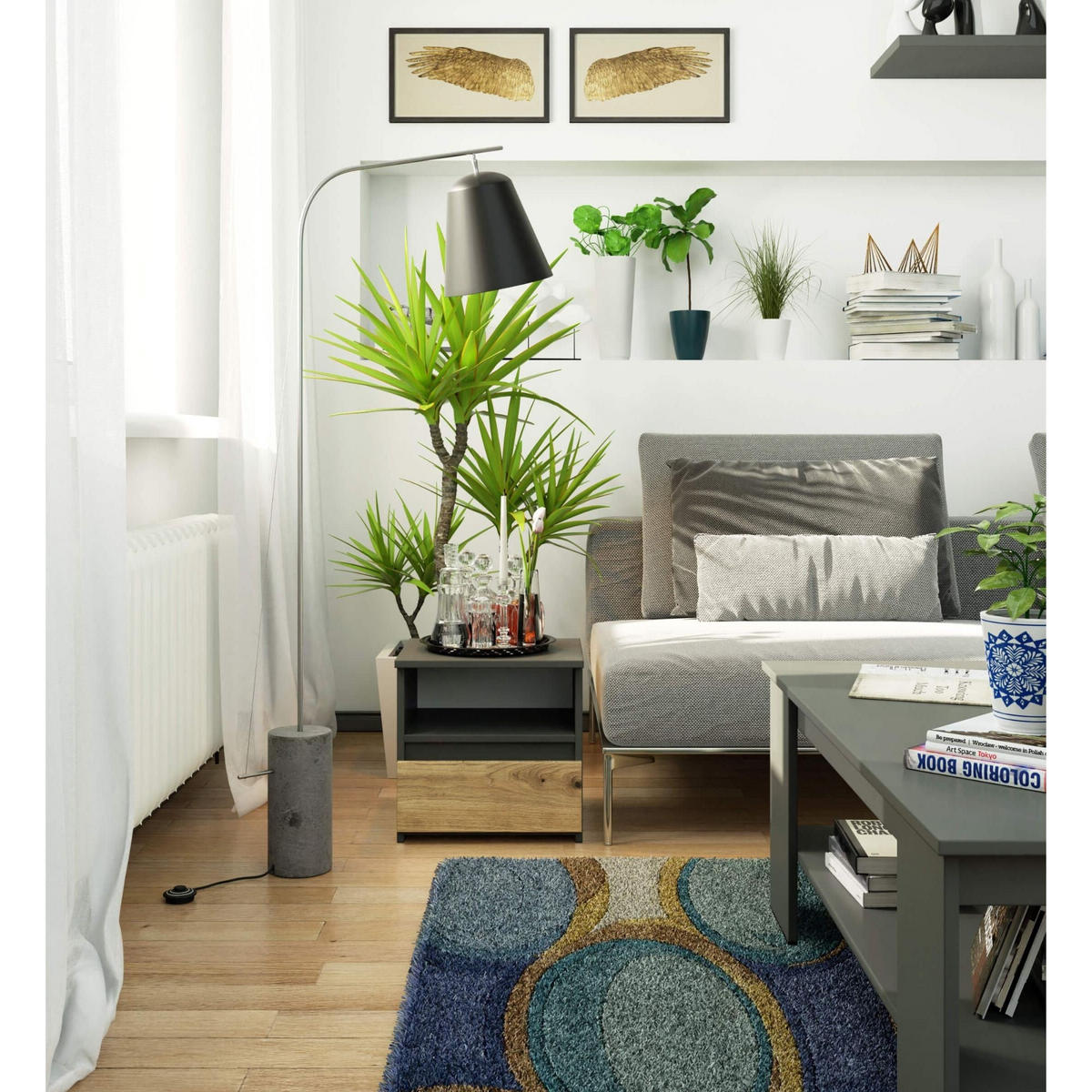 NACHTTISCH Graphit Grau, Eiche Artisan 40/40/35 - Eiche Artisan/Grau, Holzwerkstoff (40/40/35cm) - RAUMHIRSCH FURNITURE