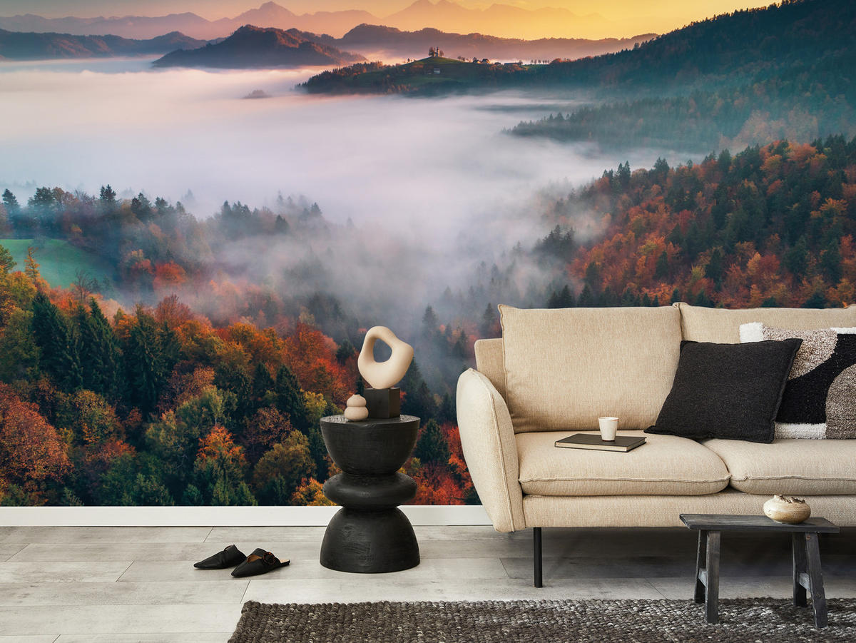 FOTOTAPETE für Wohnzimmer Nebelwald Sonnenuntergang Berge Bäume 350x256 - Beige/Rot, Papier (350/256cm) - Muralo