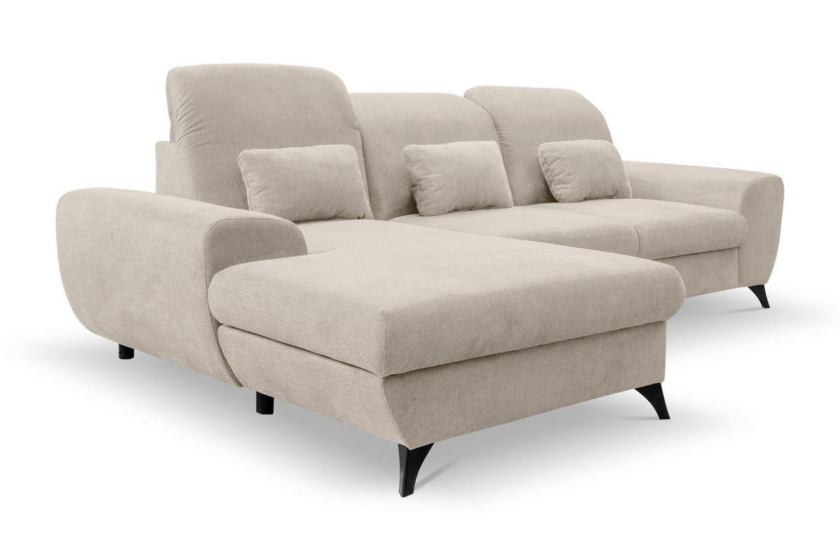 ECKSOFA LUCE L-S Creme Plüsch-Stoff mit Schlaffunktion - Creme, Holz (279/172cm) - MASSENO
