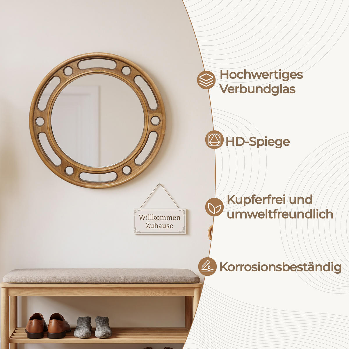 RUNDER Gummiholz Spiegel Natur Ø60×H60cm für Flur Bad Wohnzimmer - Erlefarben, Naturmaterialien (3.5/60/60cm) - Hometopia