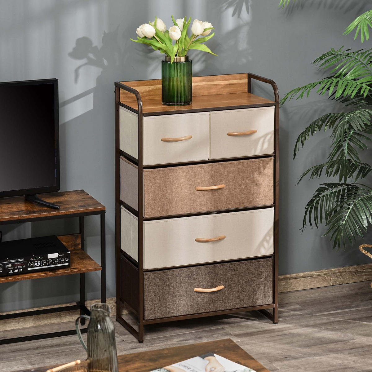KOMMODE 58/99/29 cm Multicolor aus Leinen, Stahl und MDF mit 5 Schubladen - Weiß, Textil (29/99/58cm) - OKMYHOME