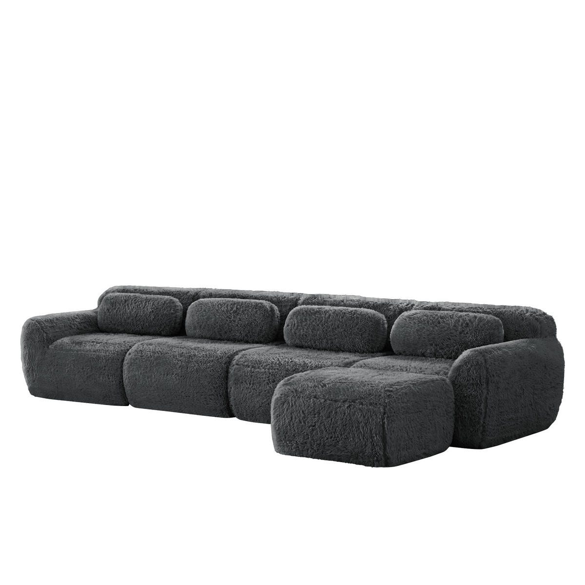 ECKSOFA 378/179/73 cm Grau Plüsch mit 1 Fußhocker und 2 kleinen Dekokissen - Grau, Textil (378/179cm) - Oxeza