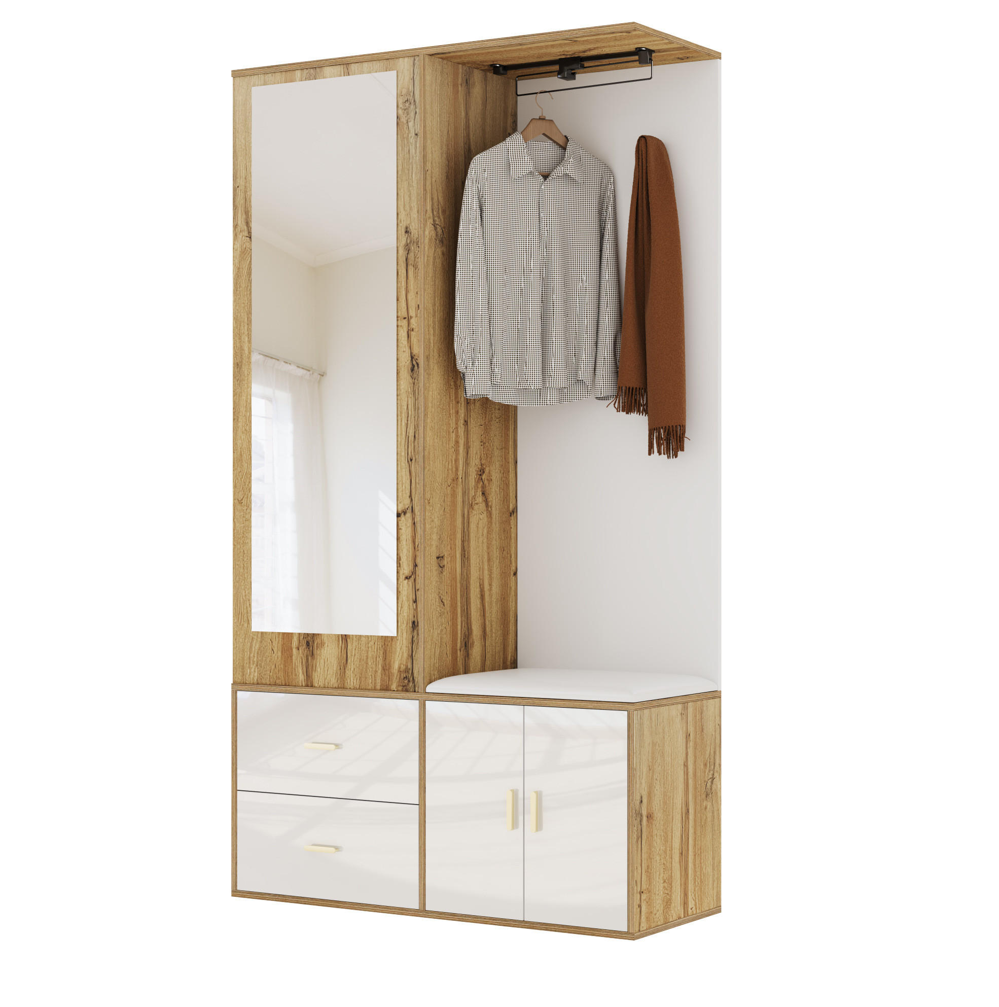 GARDEROBENSET mit Spiegel 100 x 38 x 180 cm Weiß + Natural 2-tlg. - Weiß, Holzwerkstoff (38/180/100cm) - Beauniv