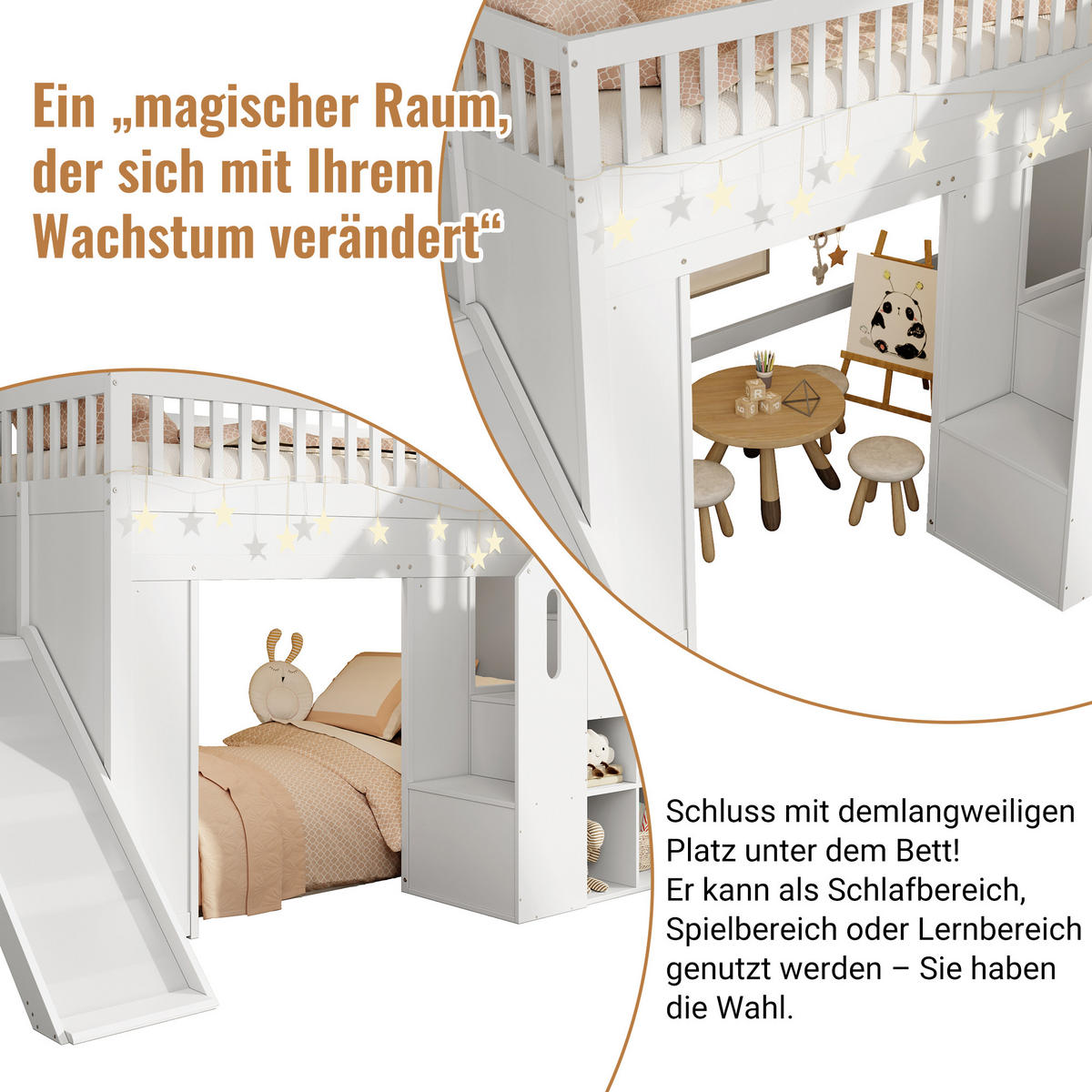 HOCHBETT 90/200 cm in Weiß Kinderbett mit Rutsche, Stauraumtreppe und LED - Weiß, Holzwerkstoff (90/200cm) - STILVORA