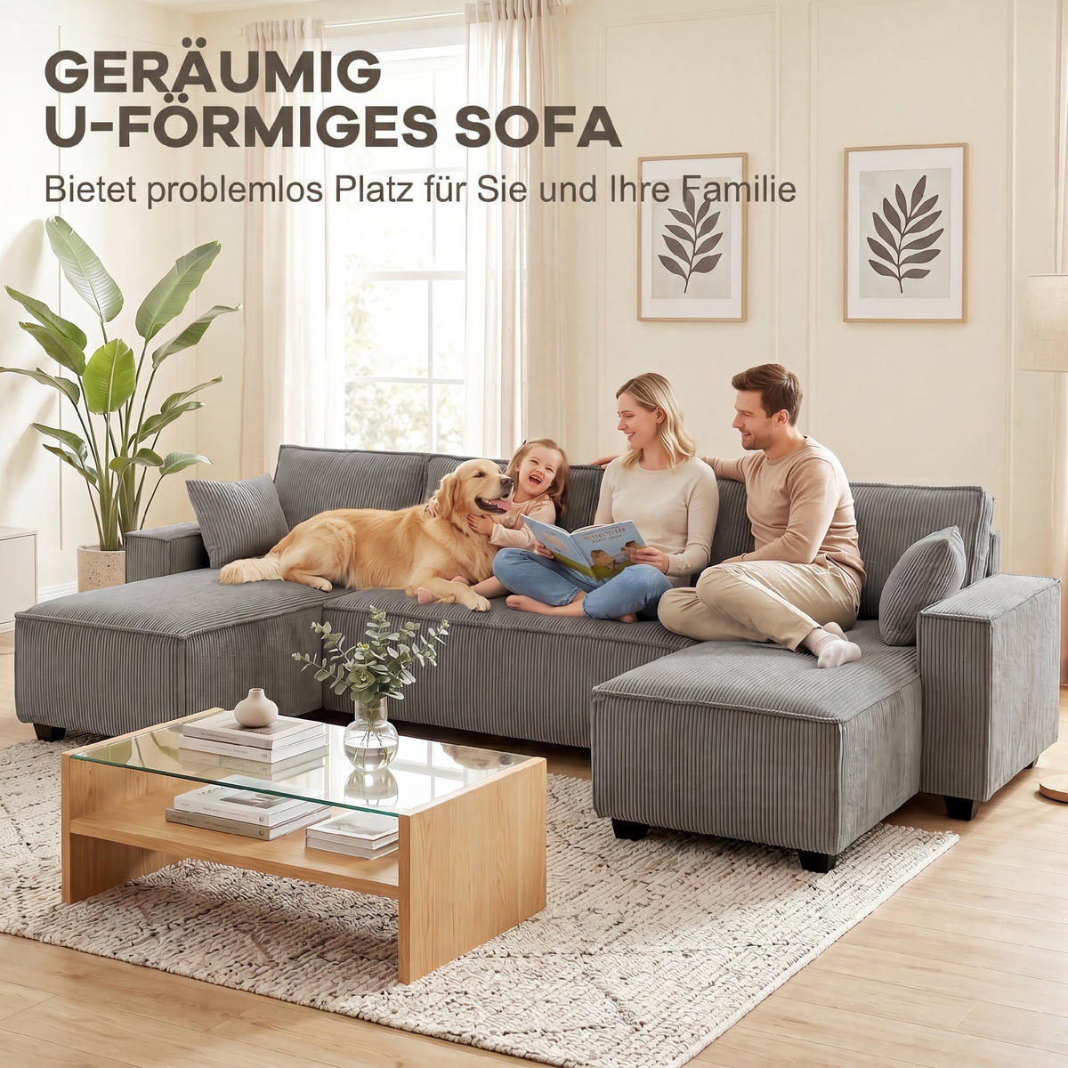 ECKSOFA Cordstoff Hellgrau - Hellgrau, Holzwerkstoff/Kunststoff (154/311cm) - HOMCOM