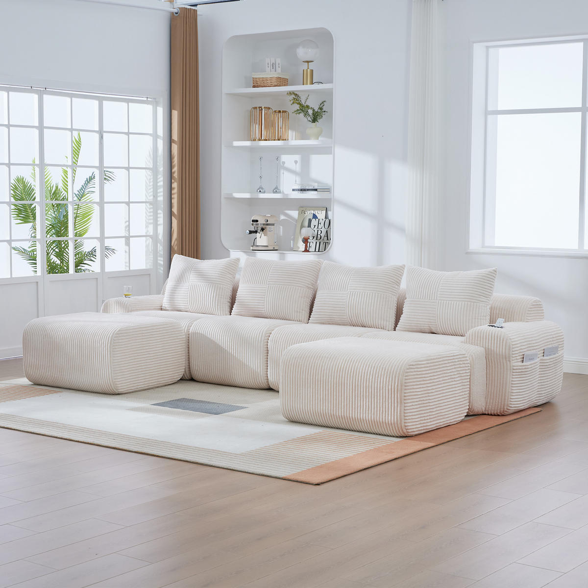 WOHNLANDSCHAFT Cord 4-Sitzer mit 2 Hockern und Getränkehalter 333/174/80 cm Beige - Beige, Textil (174/80/333cm) - Redom