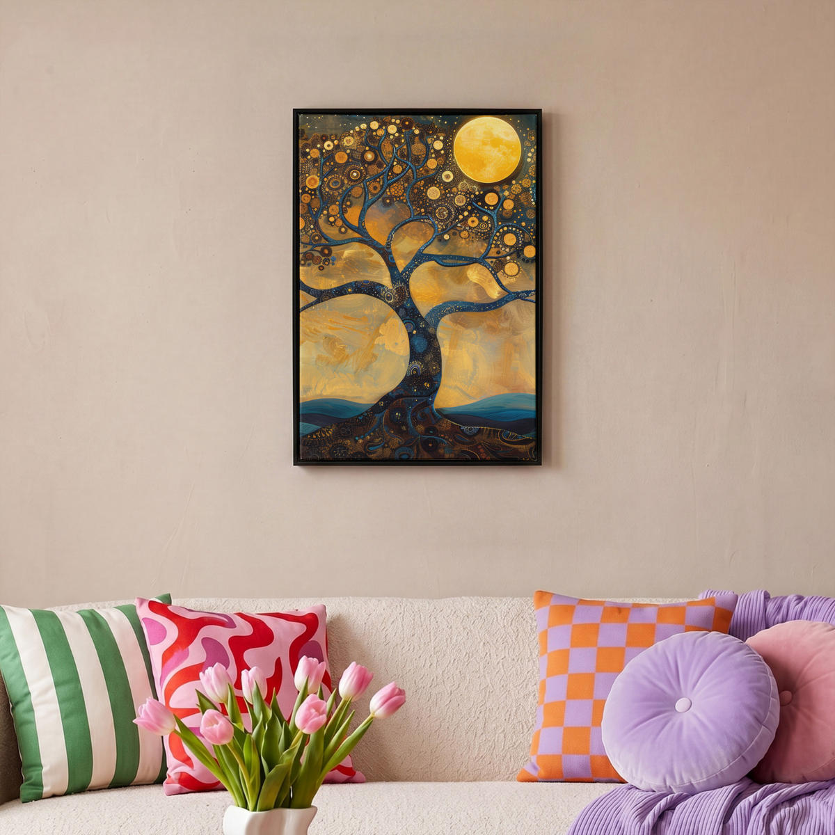 LEINWAND Bilder mit Rahmen - Baum - Mond - Blumen - Gold - Kunst - 40x60 - Orange, Textil (40/60cm) - MuchoWow