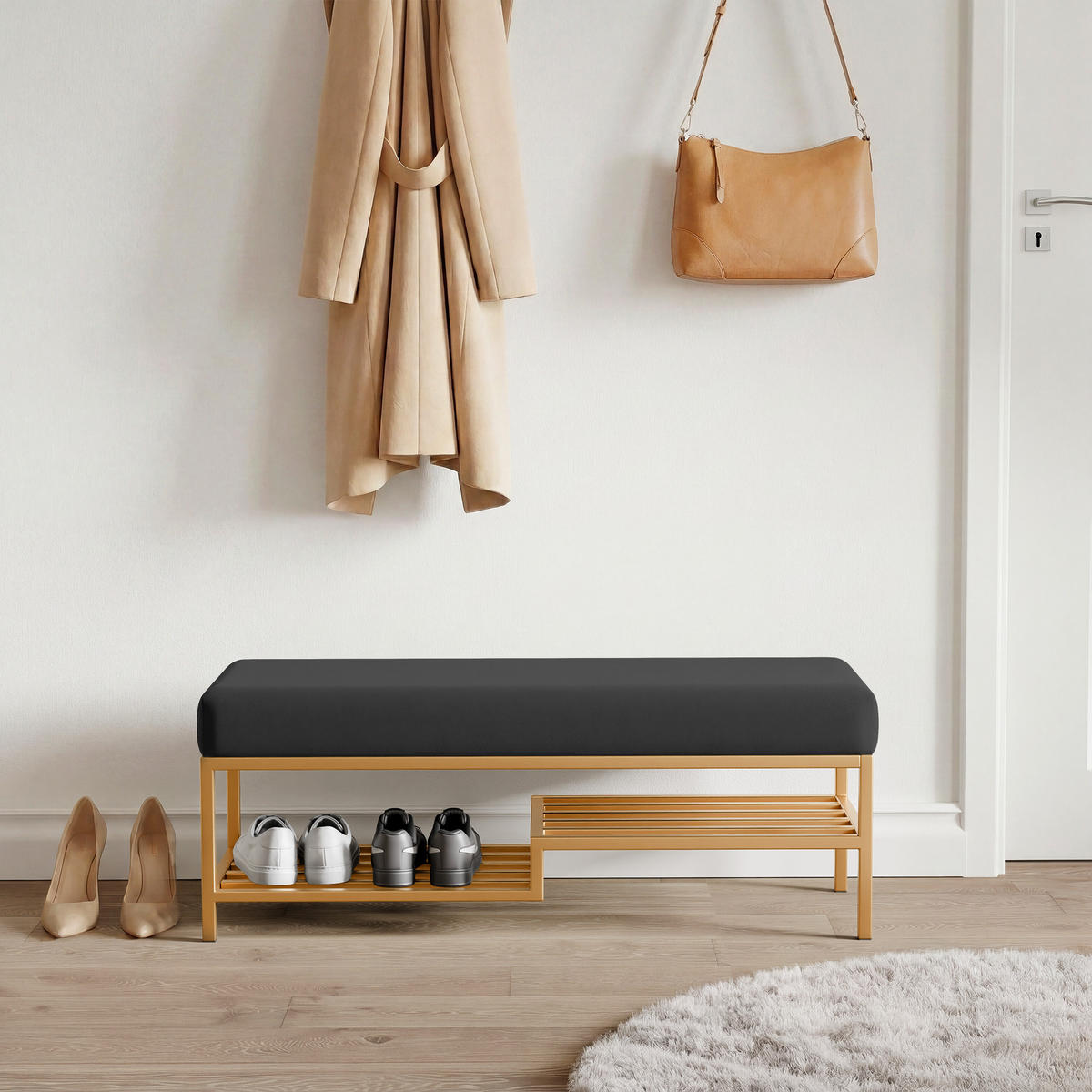 POLSTERBANK STEP 80 cm Gold / Schwarz ,Metallgestell - Schwarz, Metall (80/45/35cm) - Idohome