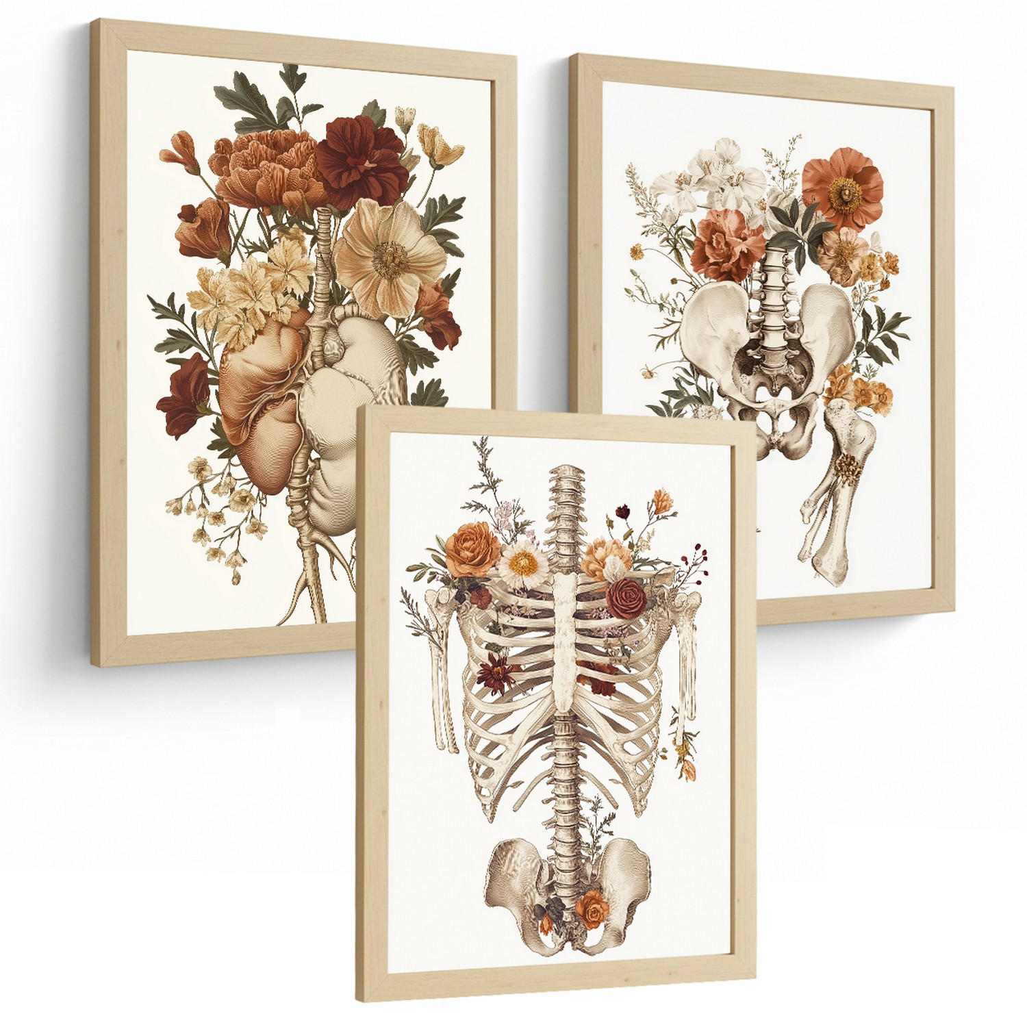 POSTER Set aus 3 Anatomie Mensch Florale Vintage Drucke und Wandbilder mit Herz Brustkorb und Becken Medizinische Wanddekoration Größe Rahmenlos A3 - Klar, Papier (29.7/42/3cm) - Nacnic