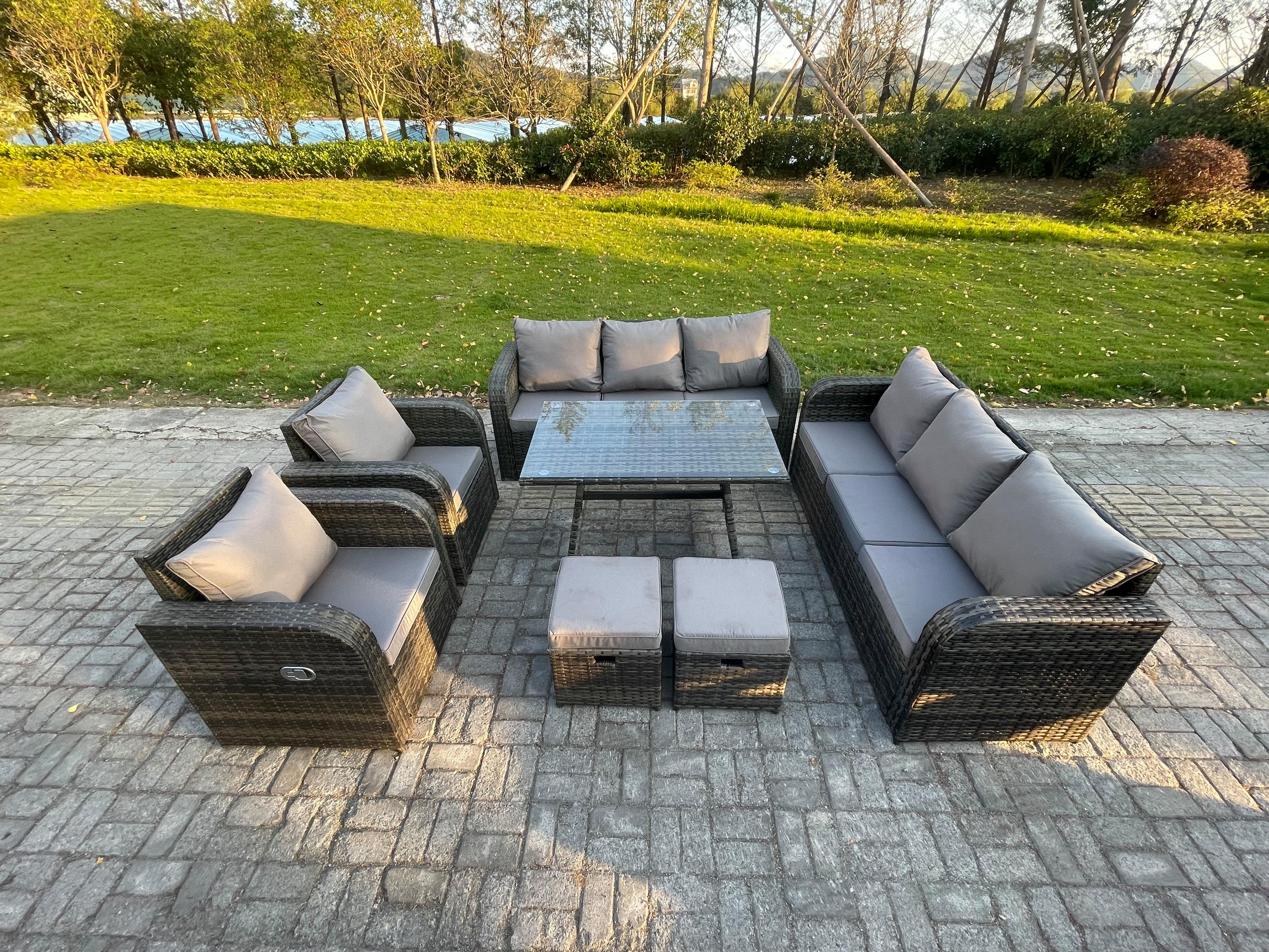GARTENSET Hohe Rückenlehne Polyrattan 10-Sitzer - Dunkelgrau/Grau, Glas/Kunststoff - Fimous