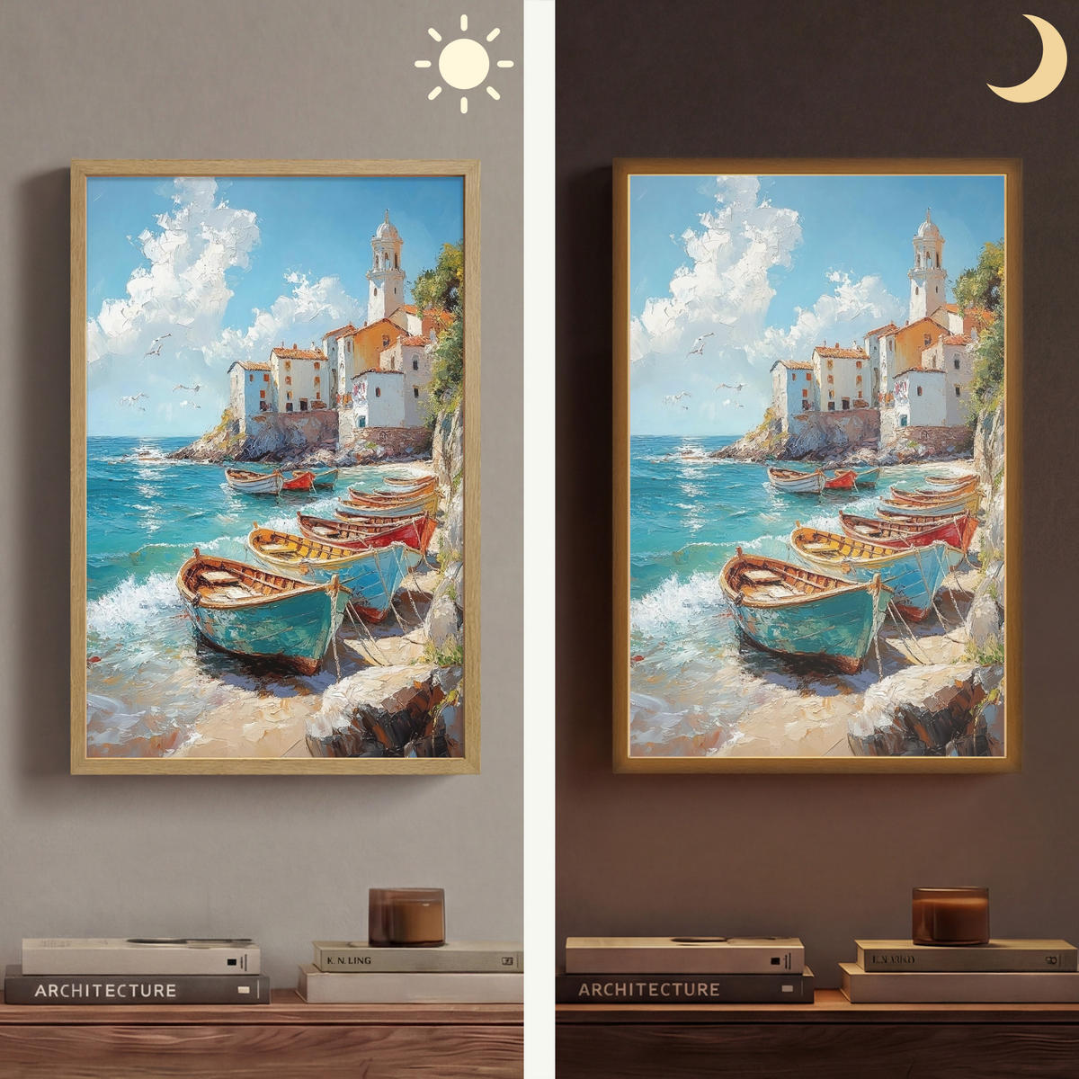 NÁSTĚNNÁ LAMPA S AKUMULÁTOREM Lodě - skály - moře - slunce 40x60 cm - modrá, kompozitní dřevo (40/60/8cm) - OnlyWow