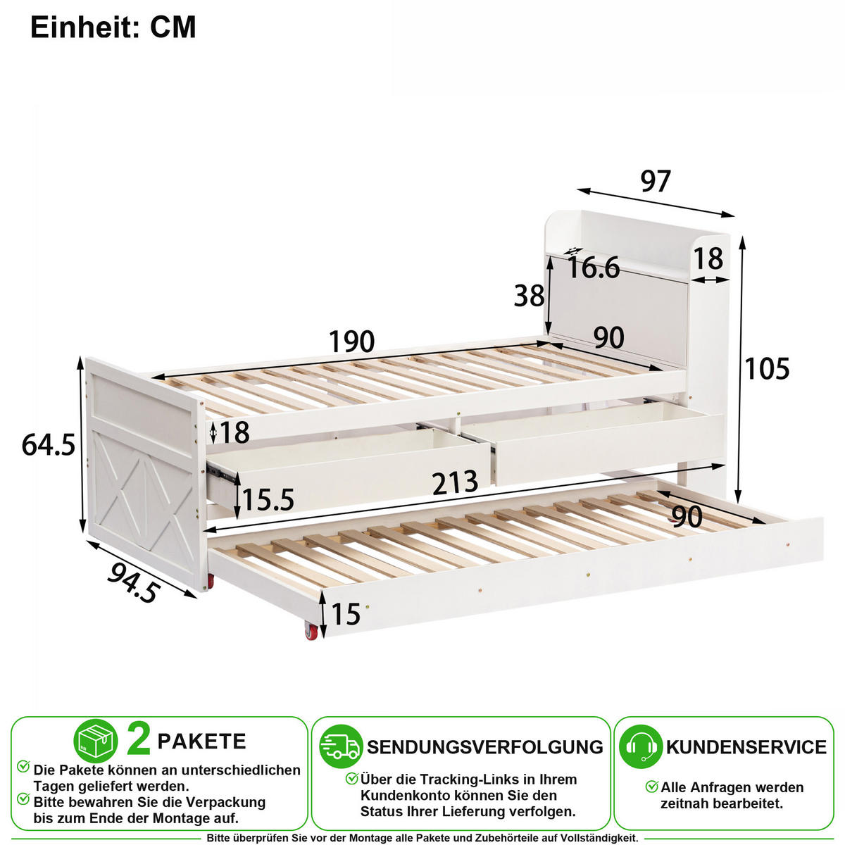 BETT 90/190 cm in Weiß mit Bettkasten, Schubladen und USB-Anschluss aus Massivholz - Weiß, Holz/Holzwerkstoff (90/190cm) - CHICFURN