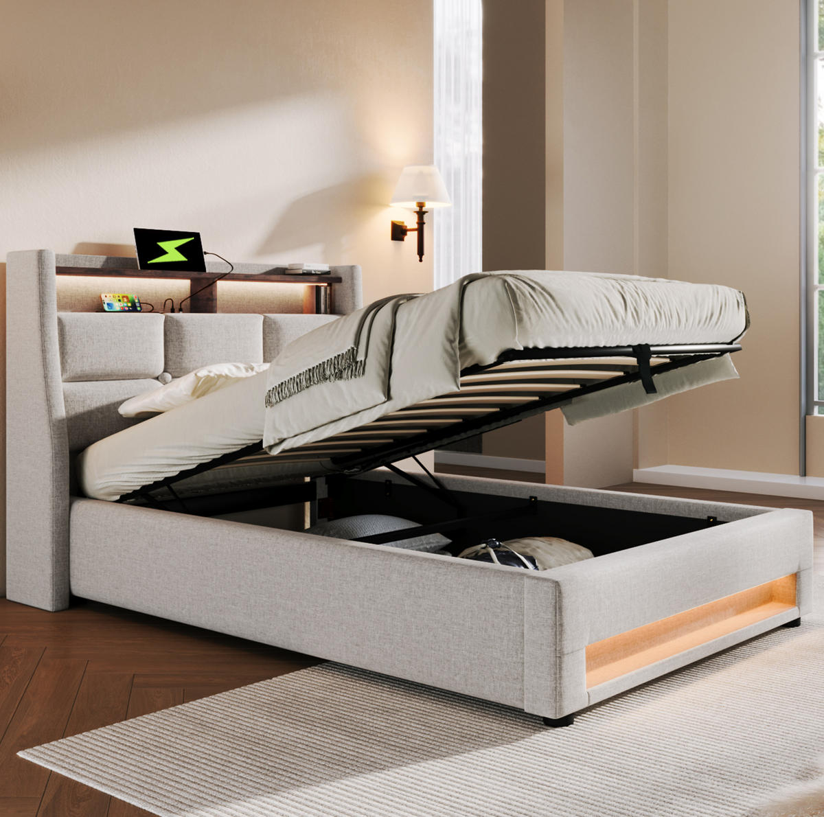 POLSTERBETT 90/200 cm Beige mit LED, USB und Stauraum - Beige, Textil (90/200cm) - Flora Grace
