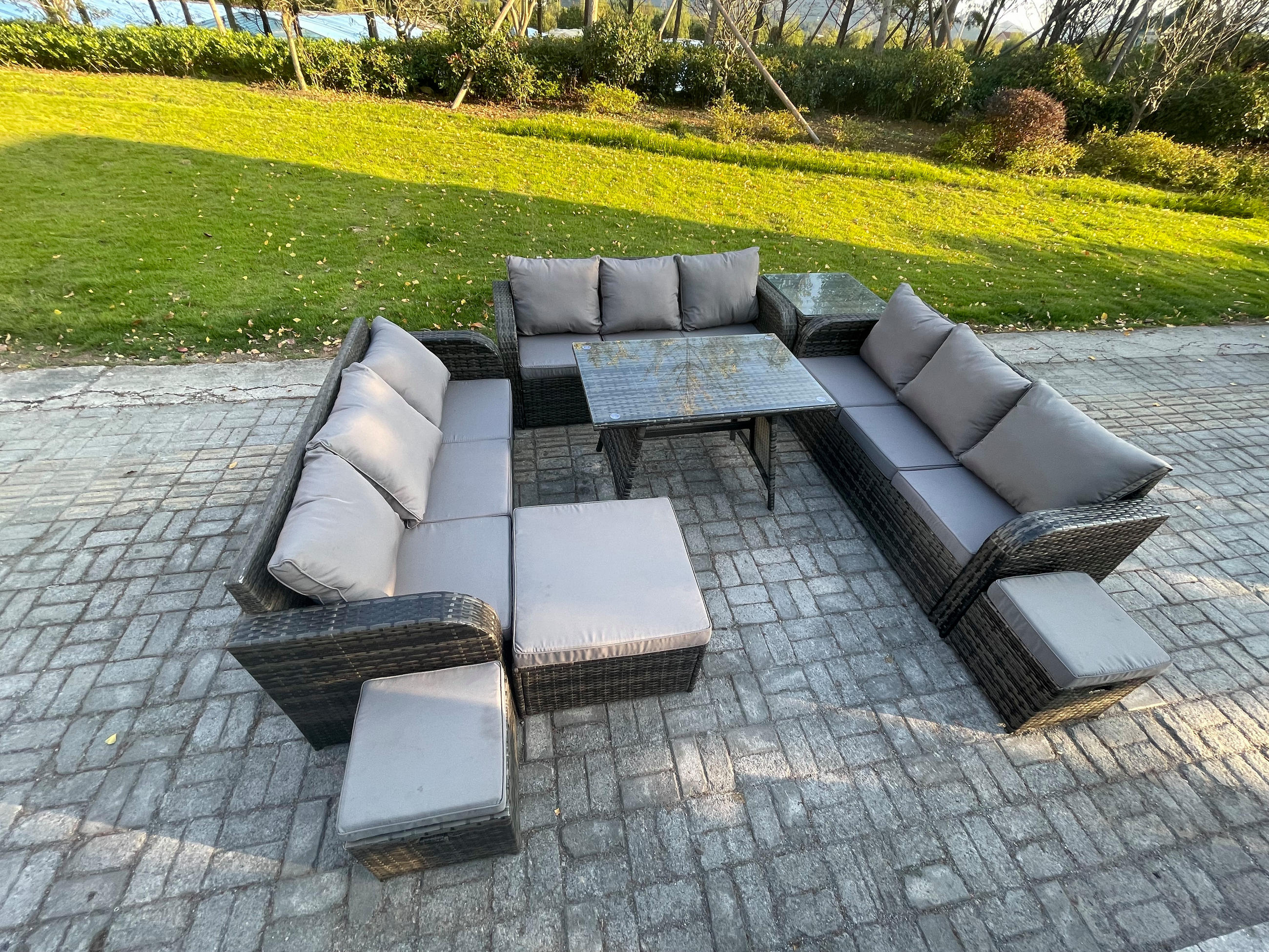 GARTENMÖBELSET mit ESSTISCH, 3-SITZER SOFA Polyrattan 12-Sitzer - Dunkelgrau/Grau, Glas/Kunststoff - Fimous