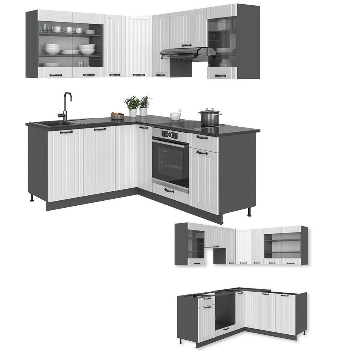 ECKKÜCHE Fame-Line Weiß Landhaus/Anthrazit 160 x 60 cm ohne AP - Anthrazit/Creme, Holzwerkstoff (190/81.6/46cm) - Vicco