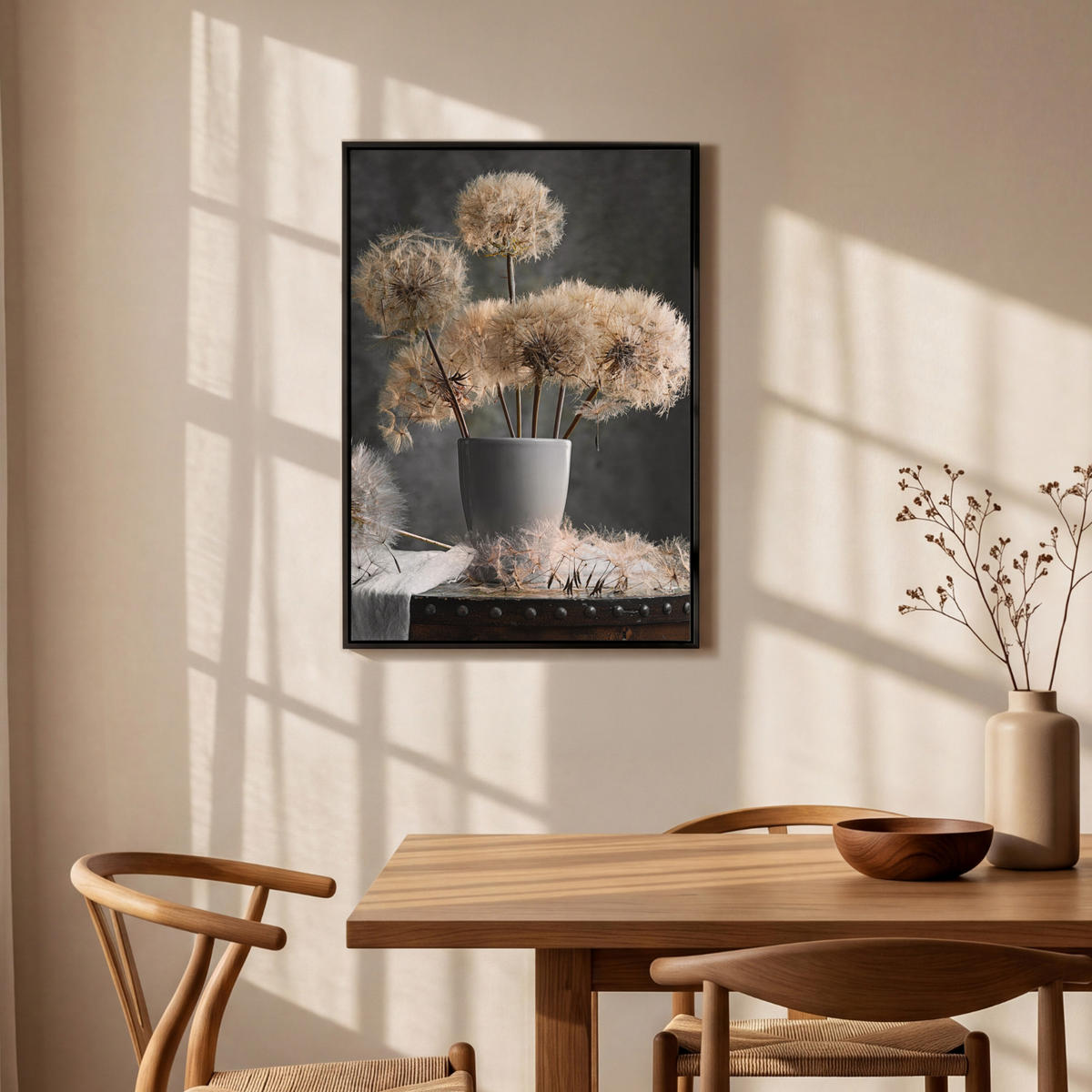 LEINWAND Bilder mit Rahmen - Blumensamen - Löwenzahn - Vase - Stilleben - Blumenstrauß - 60x90 - Dunkelgrau, Textil (60/90cm) - MuchoWow