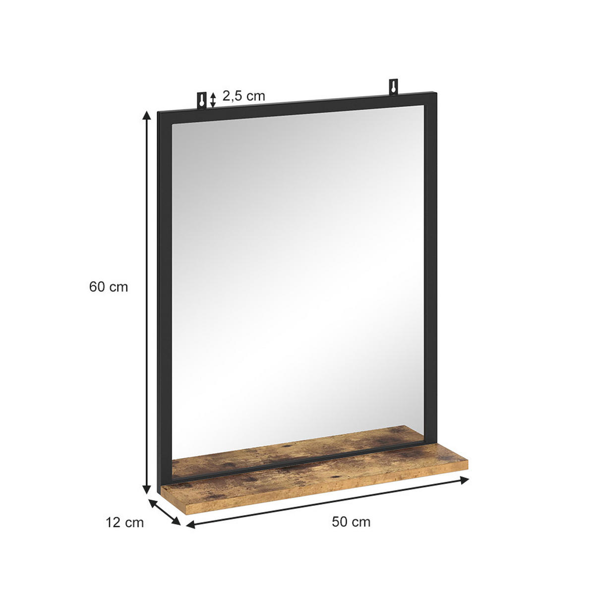 BADEZIMMERSPIEGEL Fyrk Antikholz 50 x 60 cm - Alteiche/Schwarz, Glas (50/60/12cm) - Vicco