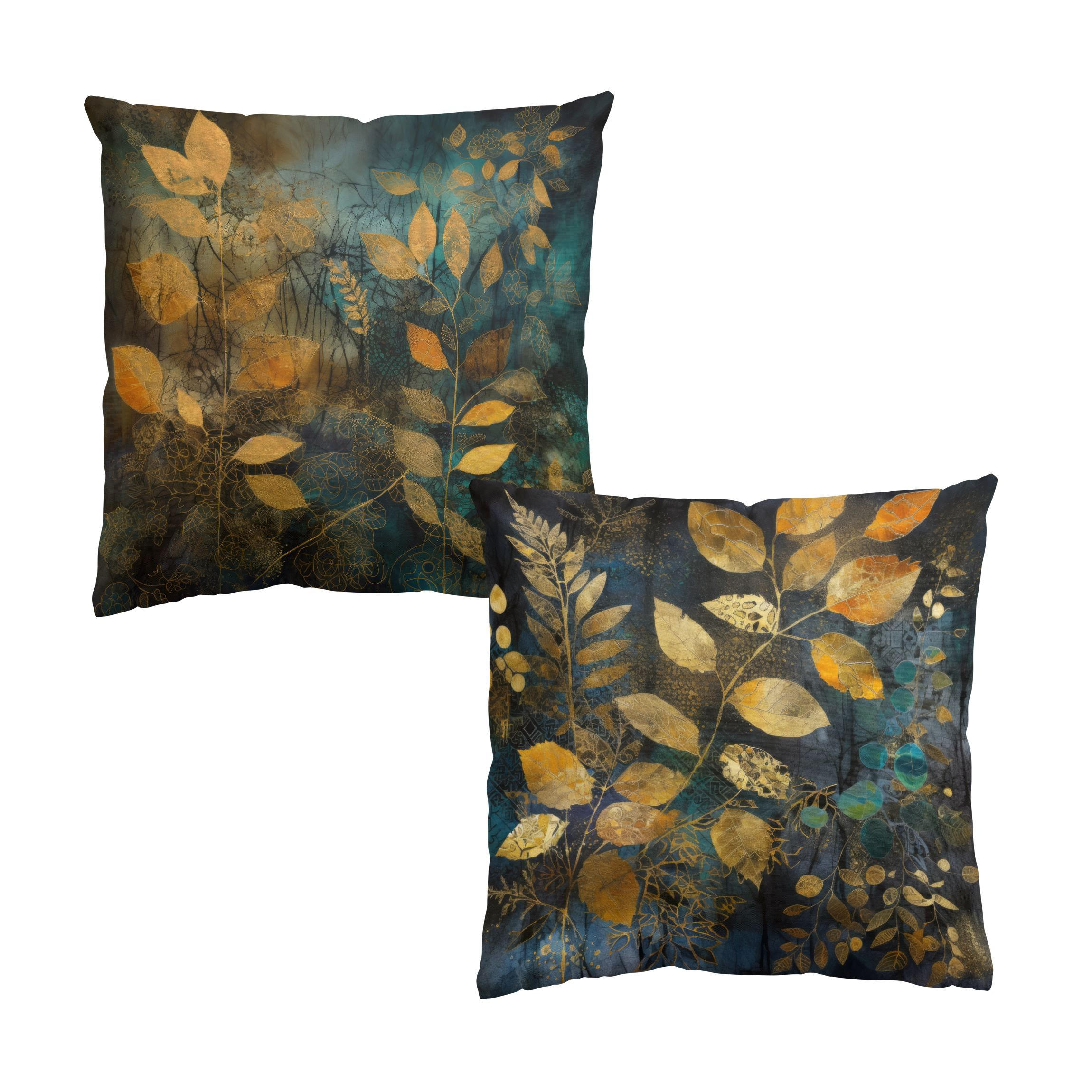 DEKOKISSEN 2er-Set Goldene Blätter auf Blau Duo 50/50 cm - Goldfarben, Textil (50/50cm) - Bilderwelten