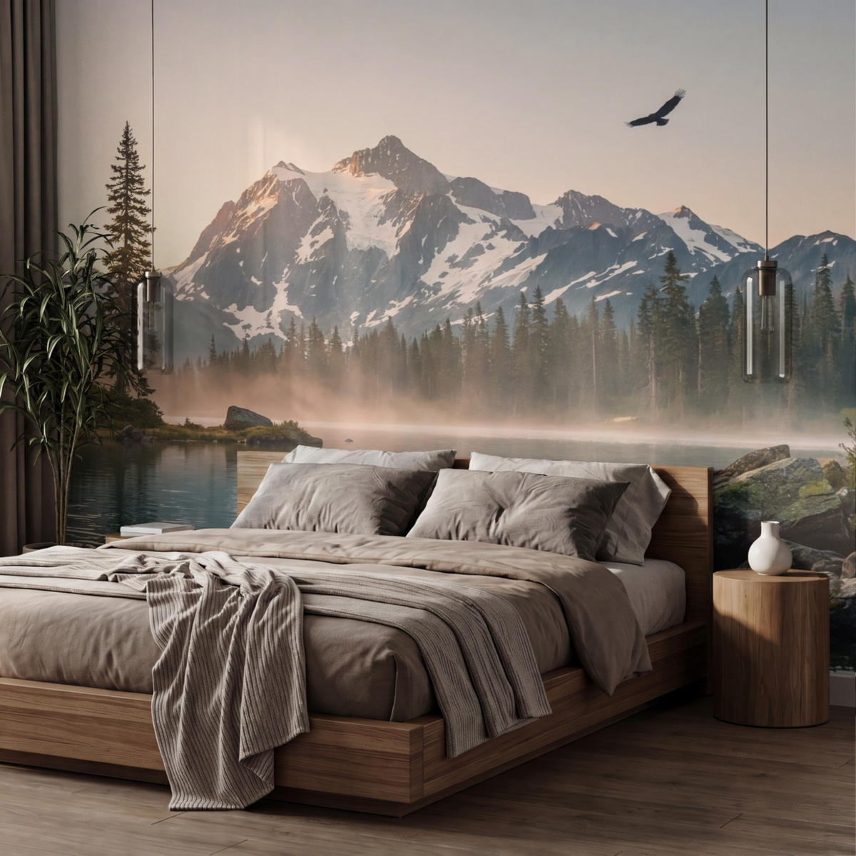 TAPETE - Berge - Wasser - Bäume - 350x240 cm - Multicolor, Papier (350/240cm) - OnlyWow