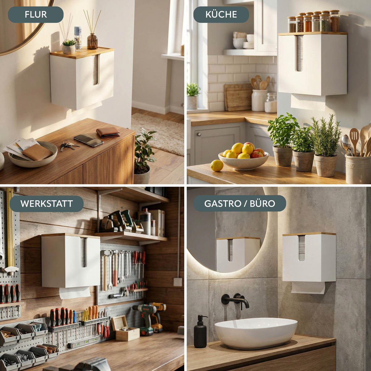 PAPIERHANDTUCHSPENDER mit Bambus-Einsatz - Weiß, Naturmaterialien (29/25/15cm) - eluno