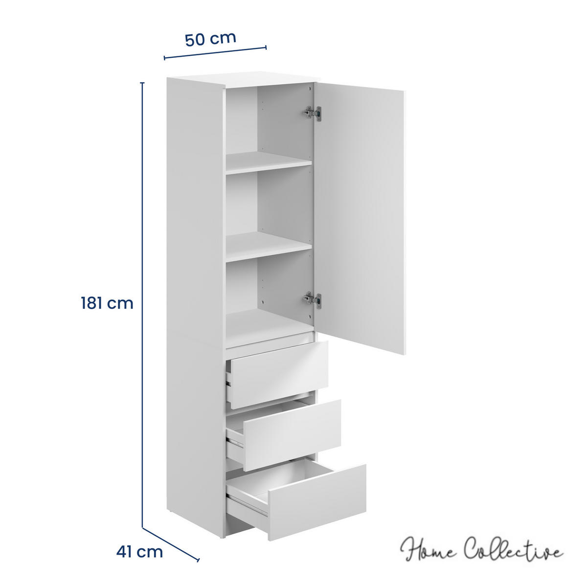KLEIDERSCHRANKMIT 2 Einlegeböden und 3 Schubladen in weiß - Weiß, Holzwerkstoff (50/181/41cm) - Home Collective