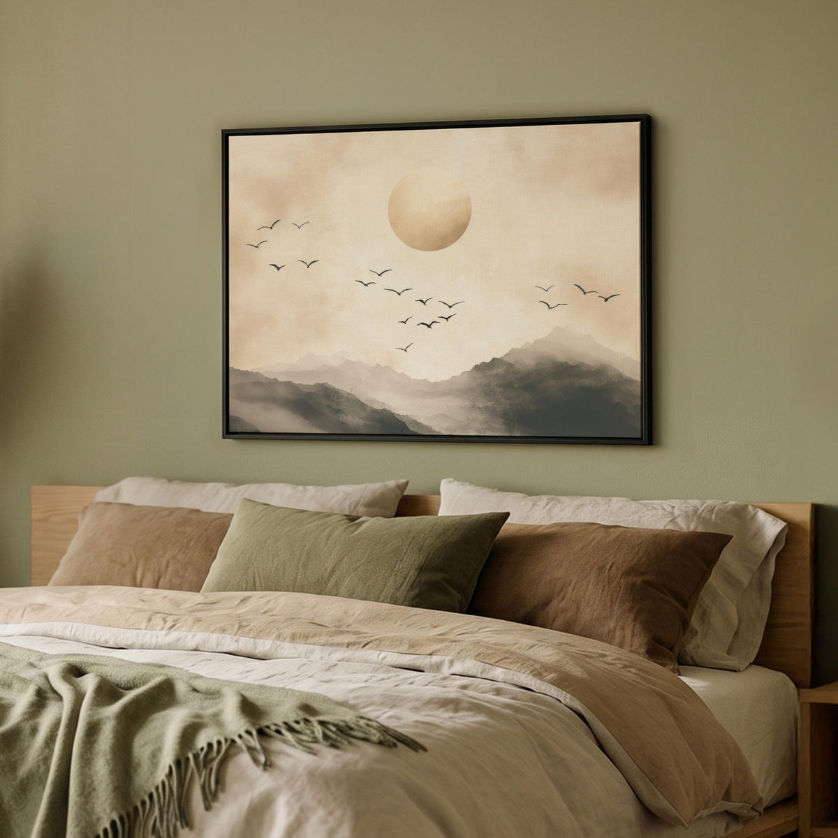 LEINWAND Bilder mit Rahmen - Landschaft - Japandi - Vogel - 70x50 - Beige, Textil (70/50cm) - MuchoWow