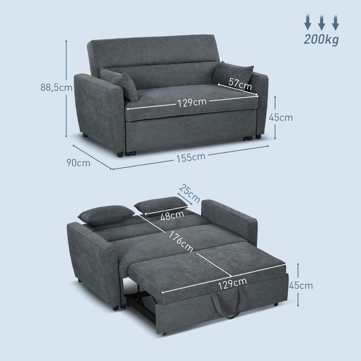 SCHLAFSOFA, 2-Sitzer Sofa - Dunkelgrau, Holz (90/88.5/155cm) - HOMCOM