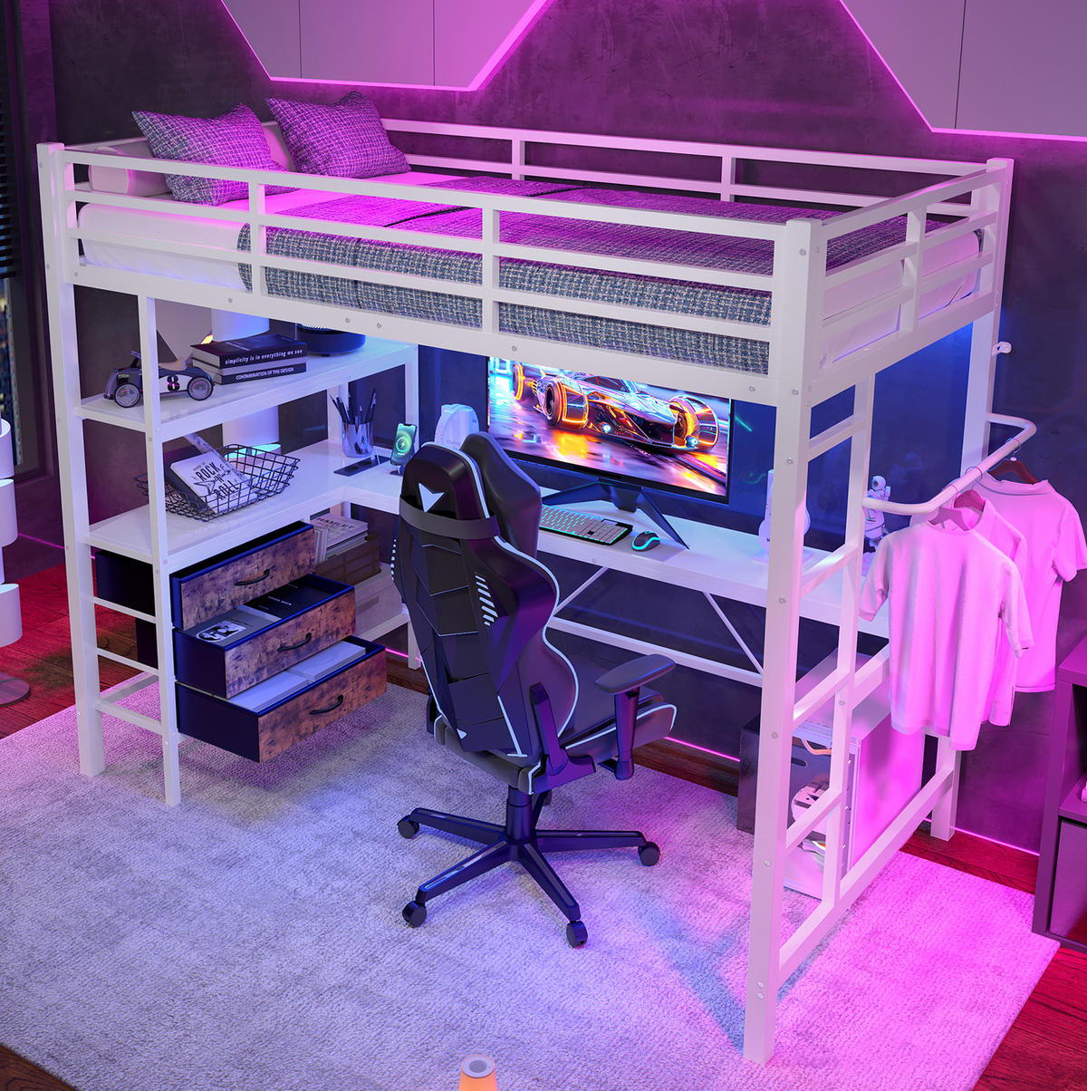 HOCHBETT 90/200 cm, Weiß mit Schreibtisch, Ambientelicht, 3 Schubladen - Weiß, Metall (90/200cm) - MIVRAY