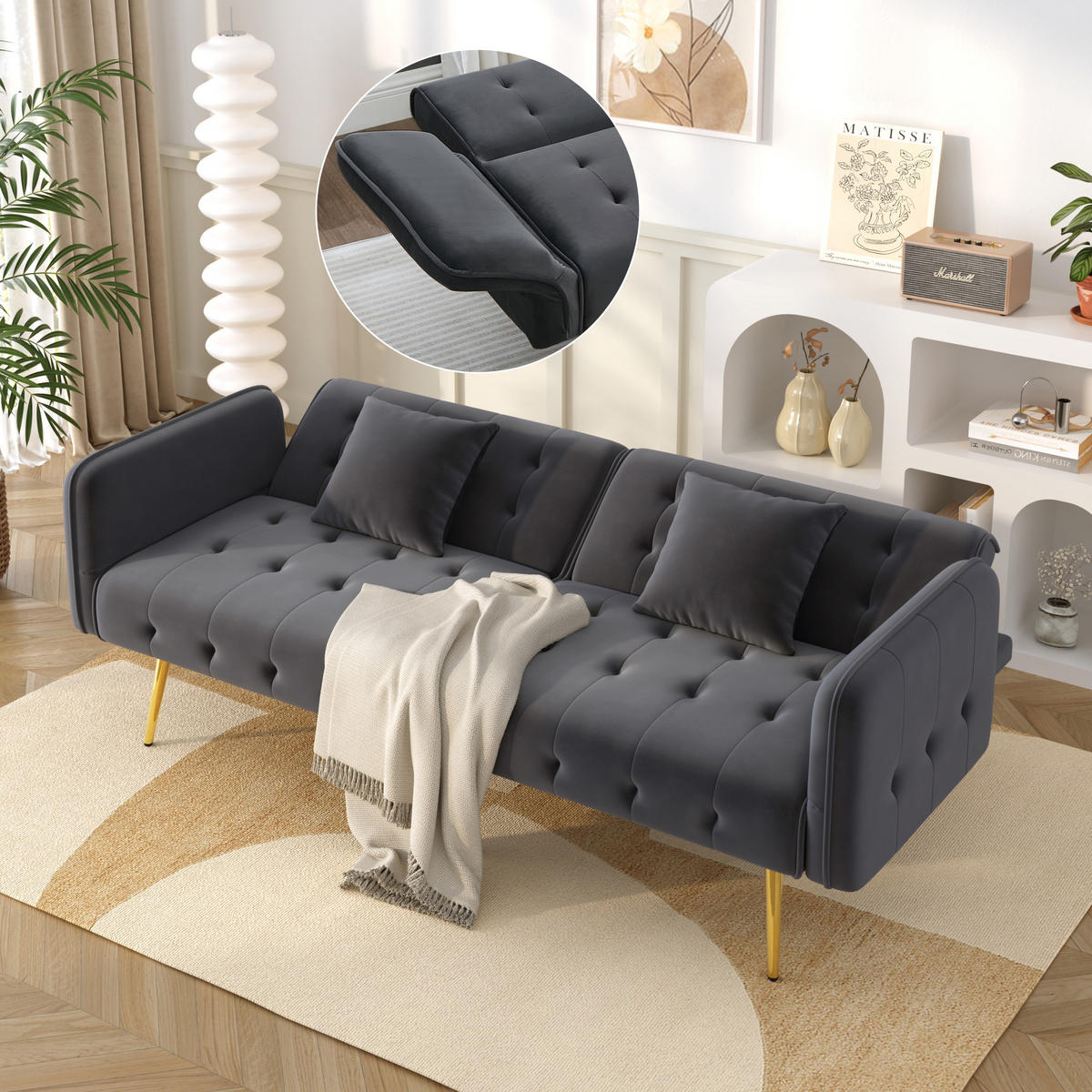 SOFABETT Zweisitzer Samt 2-in-1 mit verstellbarer Rückenlehne Antikgrau 178/82/70 cm - Grau, Textil (82/70/178cm) - Redom