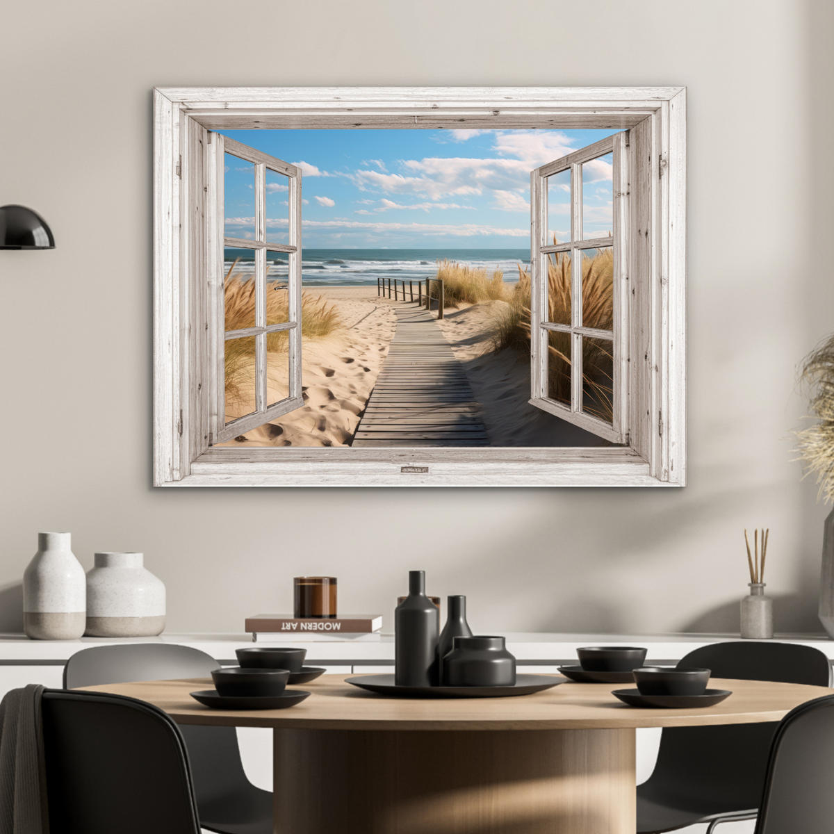 KOVOVÝ OBRAZ Okno - more - pobrežie - príroda - výhľad - pláž - Waddenské more 80x60 cm - béžová, kov (80/60cm) - MuchoWow