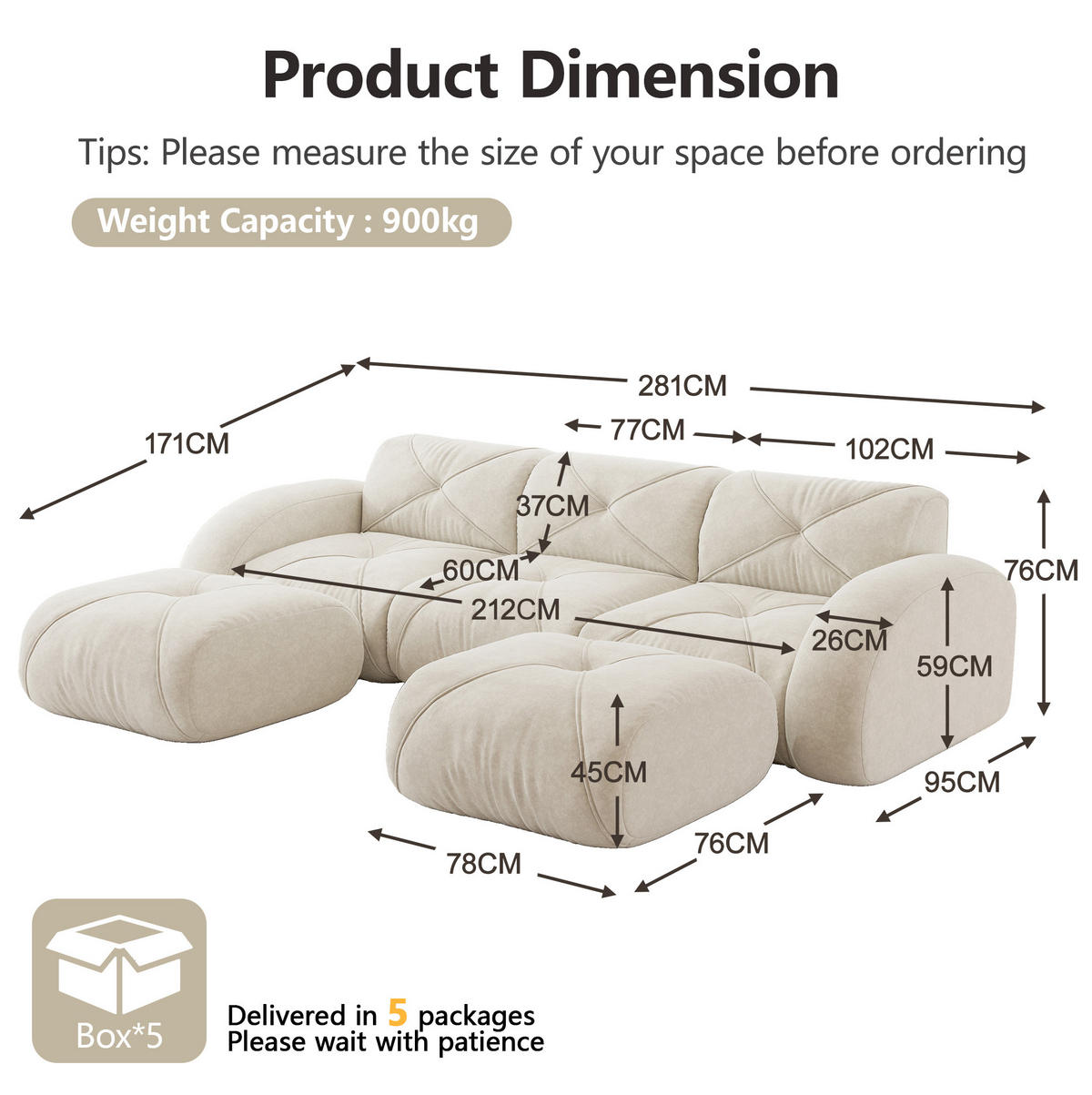 SOFA rahmenloses Modulsofa Chenille White mit 2 Hockern - Weiß, Kunststoff (171/76/281.1cm) - Meubliv