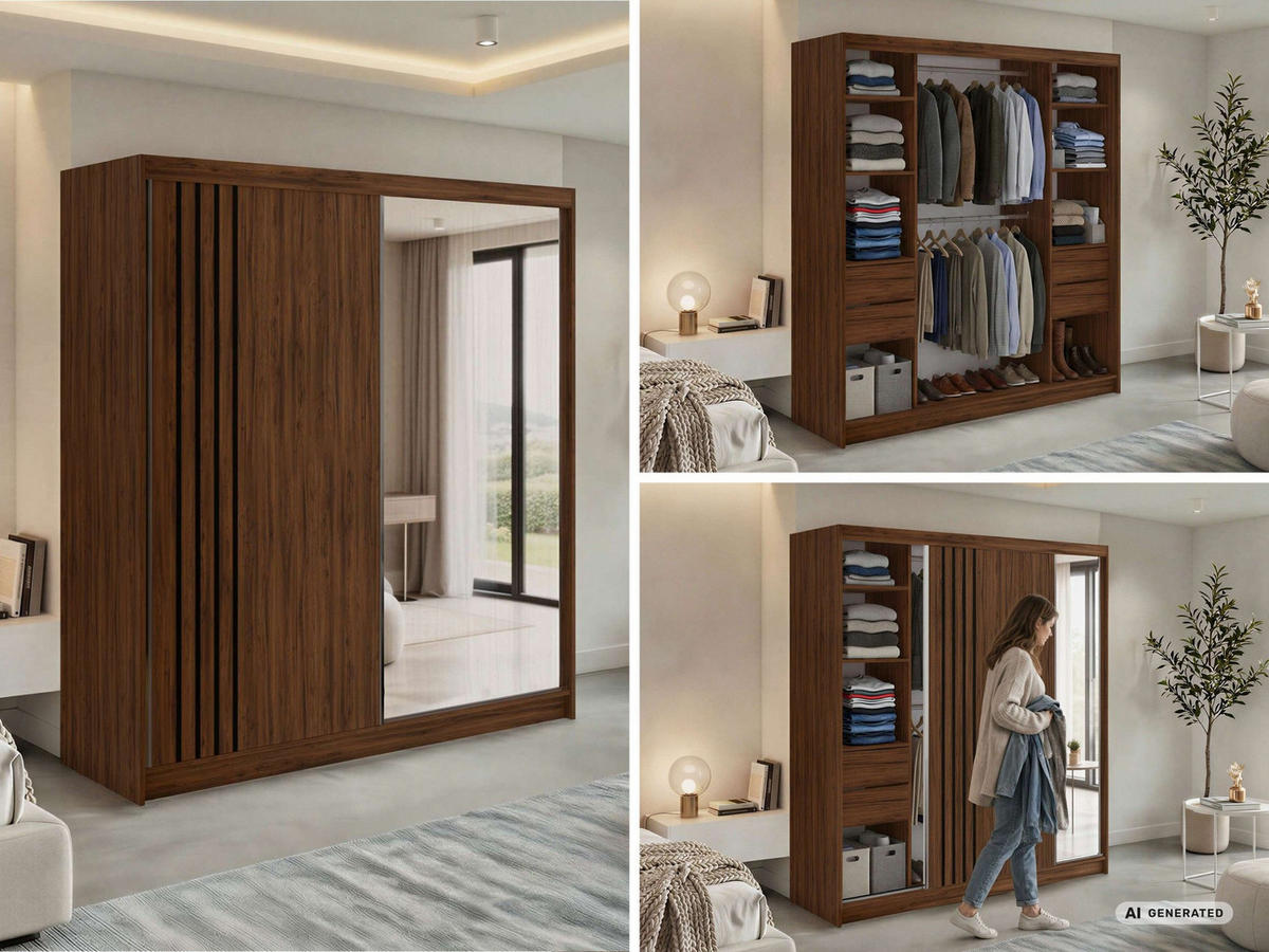 SCHWEBETÜRENSCHRANK mit Lamellen, Spiegel und Schubladen DIANA - 200 - Warmia Walnuss und Schwarz - Walnussfarben/Schwarz, Holzwerkstoff/Metall (200/216/61cm) - MKS