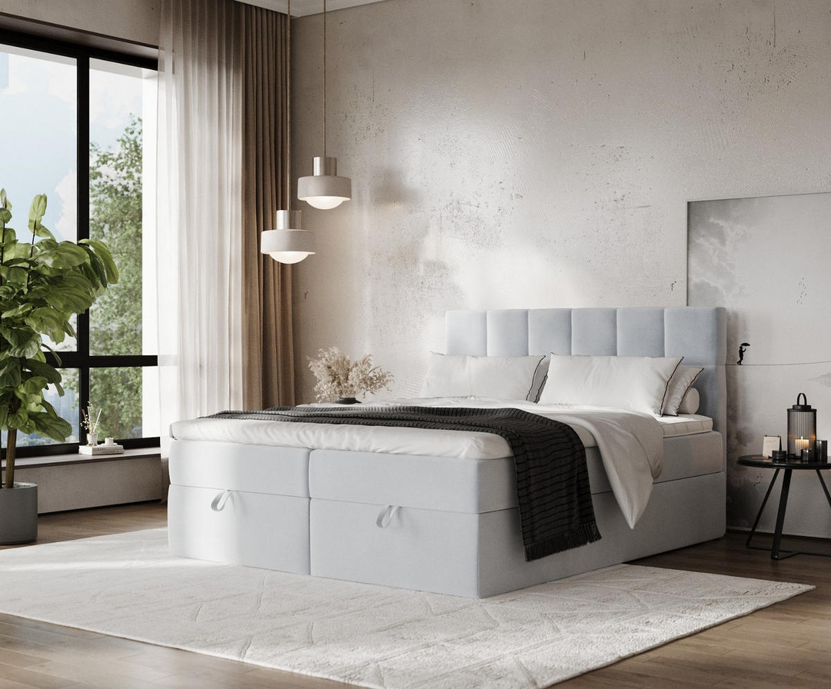 BOXBETT Savio 160/200 cm Hellgrau im Paros Stoff - Hellgrau/Schwarz, Holz/Holzwerkstoff (160/200cm) - AltaBeds